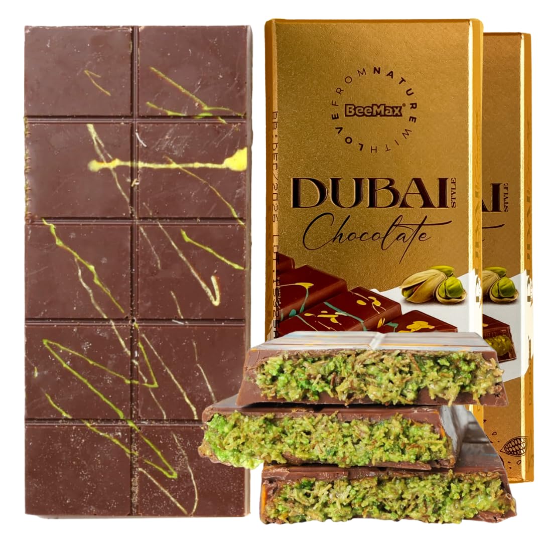 Beemax Authentic Dubai-Style Chocolate Bar | 2 Pack | 7 oz of elegant Middle Eastern Indulgence | enhanced Milk Chocolate  Golden Kadayif Crisps  Velvety Tahini & Hand-Harvested Pistachios - Imported from Turkey
