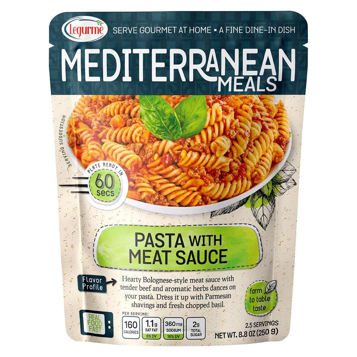 Mediterranean, Ready to Eat Pasta with Meat Sauce, No Preservatives, No Colorants, No Artificial Flavors, 8.8 Oz (Pack of 1)