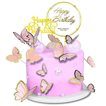 60Pcs Butterfly Cupcake Topper Pink Gold, Lively 3D Butterflies With 2Pcs Happy Birthday Topper For Cake Decor Birthday Annivers