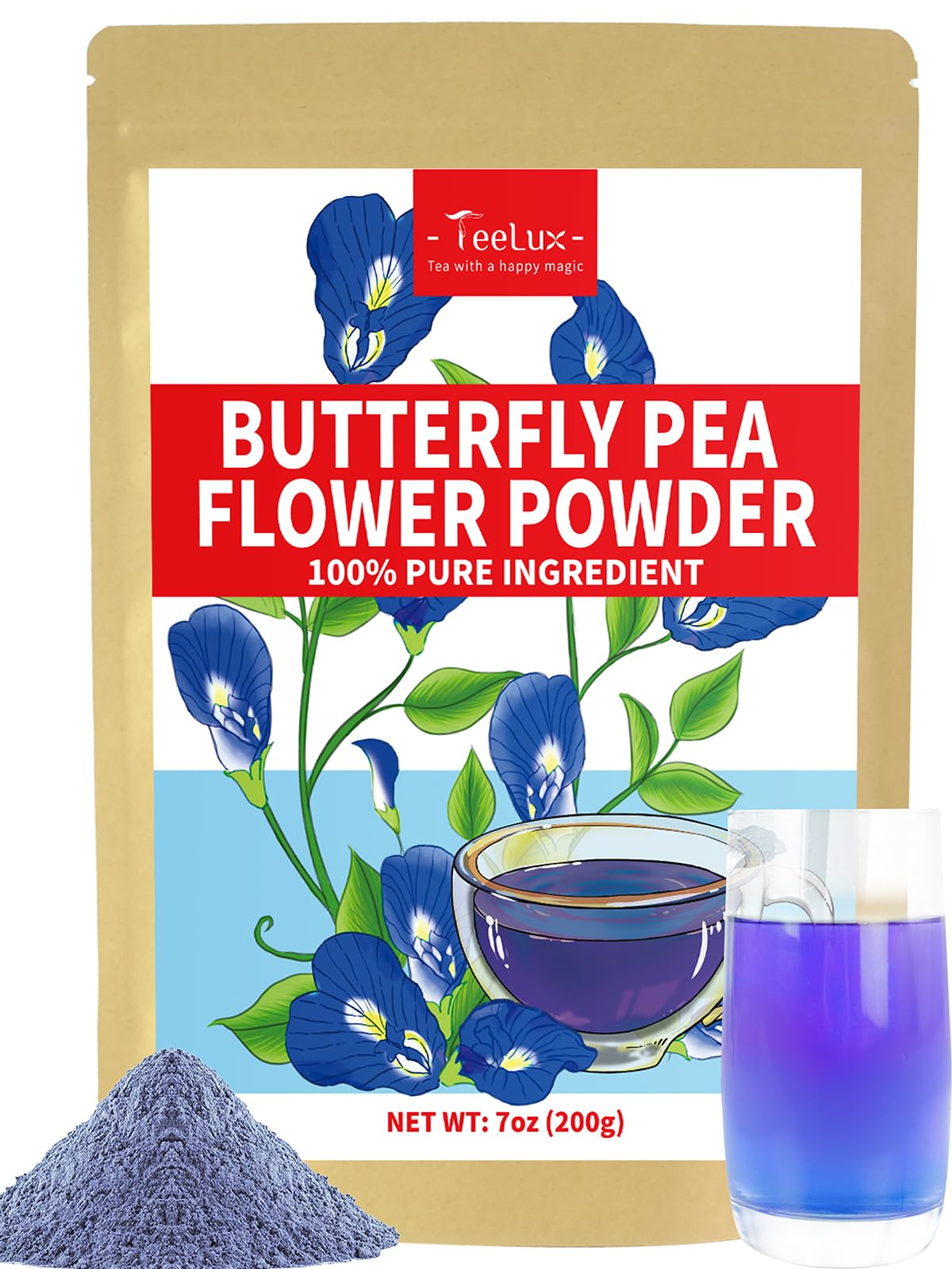 TeeLux Butterfly Pea Flower Powder - Natural Tea for Blue & Purple Drinks - 7oz/200g