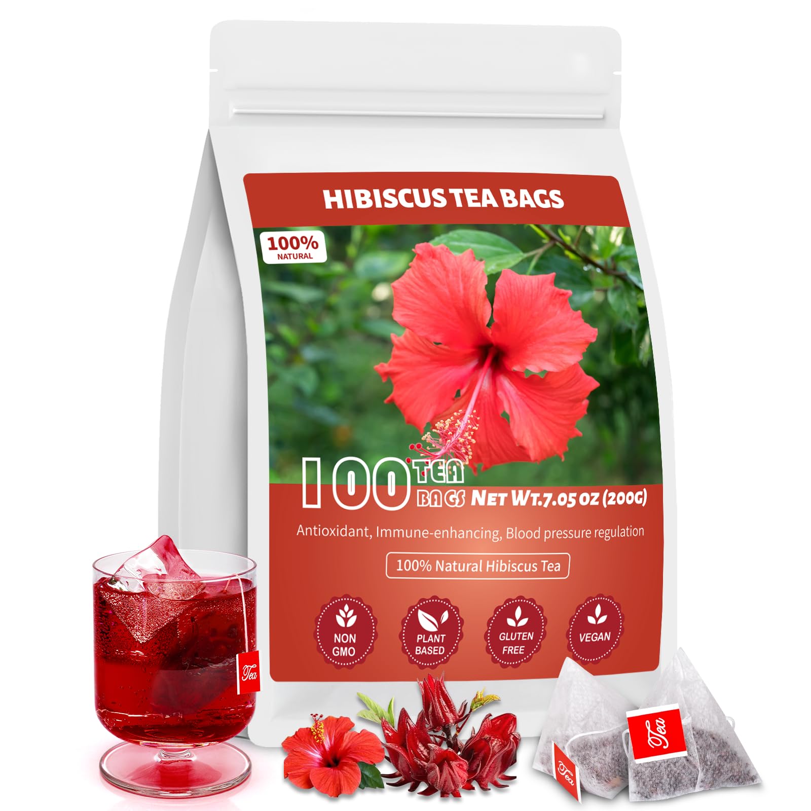 Hibiscus Tea Bags  100% Natural Hibiscus Flowers Herbal High Blood Pressure Tea Bags  No Sugar/Gluten  Energy Blend Free-100 Count (Pack Of 1)