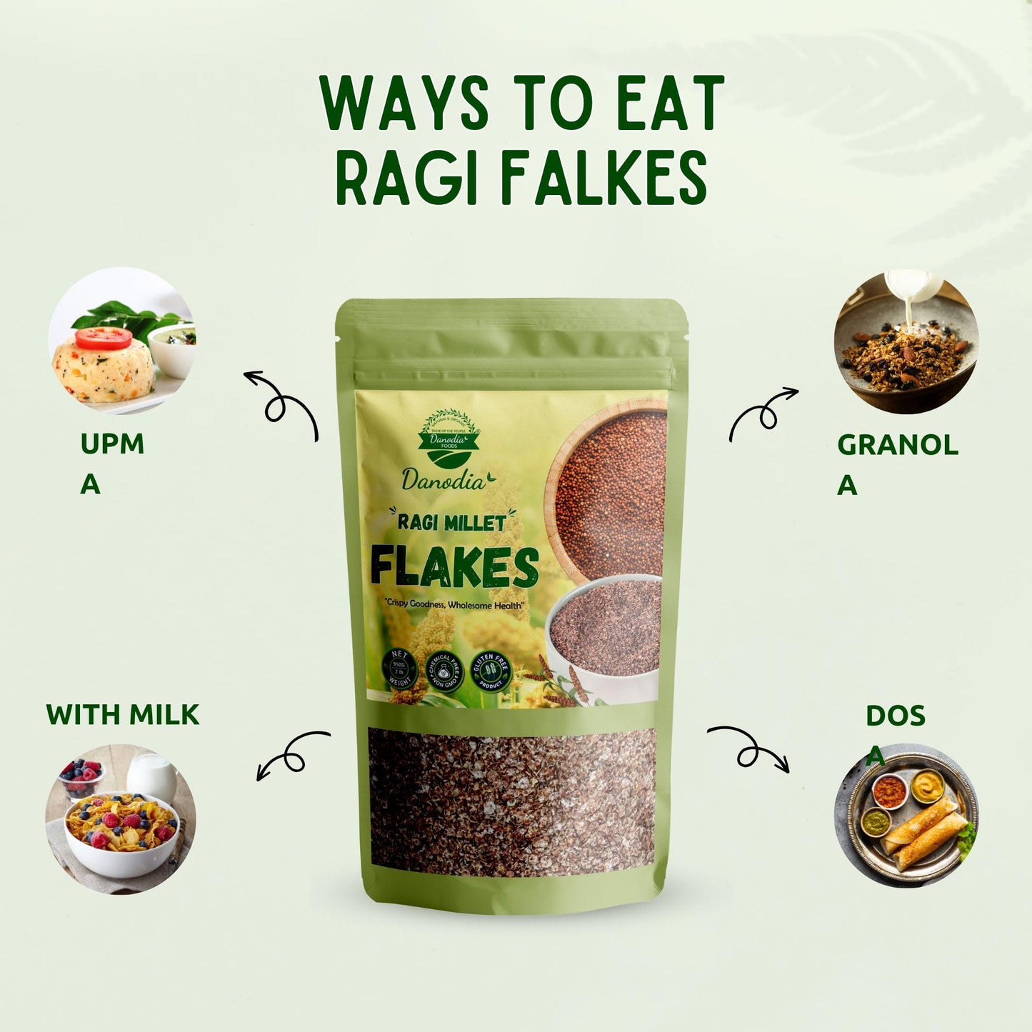 Danodia Foods Finger Millet Ragi Flakes (2Lbs / 950G) | Roasted & Ready-To-Eat Whole Grain Superfood | High Fiber, Gluten-Free,