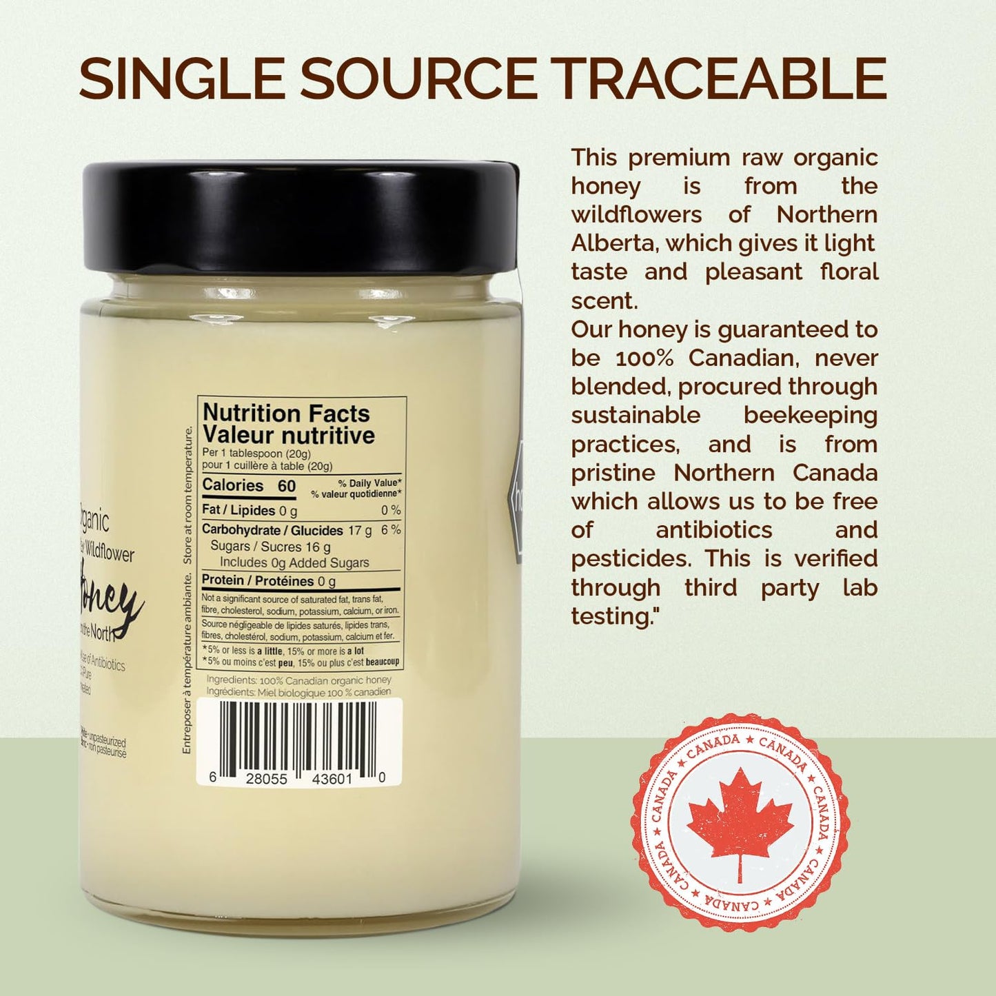 Oneroot 100% Organic Canadian Flower Honey - 17.6 Oz/1.1 Lbs, White Honey Wildflower Unfiltered, Unheated & Creamed, Nutrient Ri