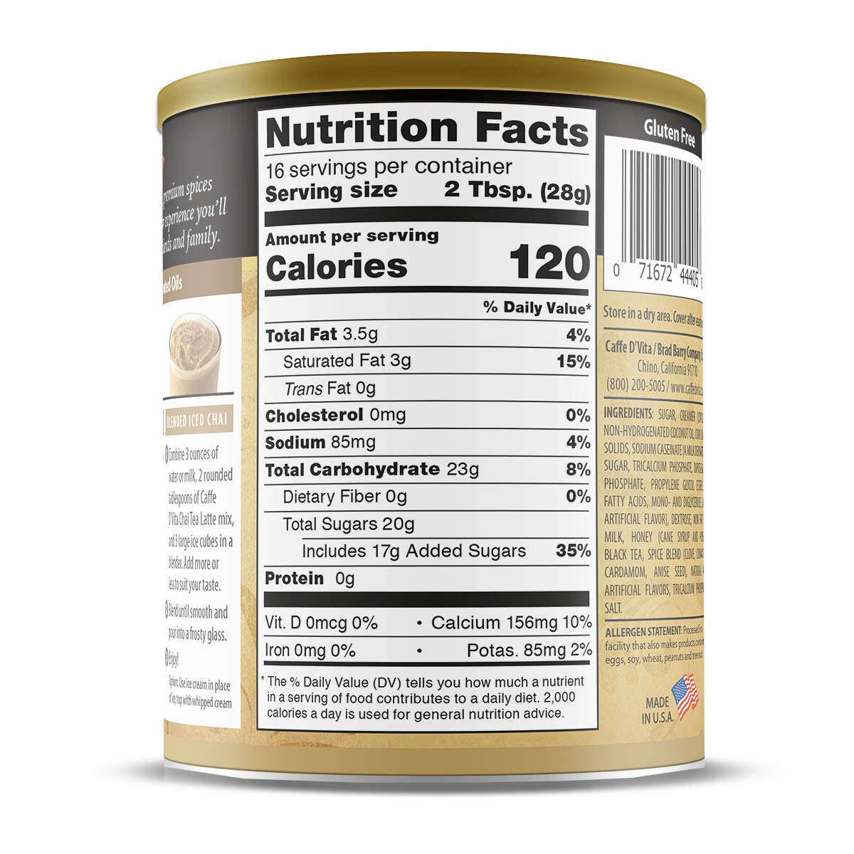 Caffe D'Vita Spiced Chai Latte Mix - Chai Tea Latte Powder Mix, Gluten Free, Chai Tea Powder, No Cholesterol, No Hydrogenated Oi