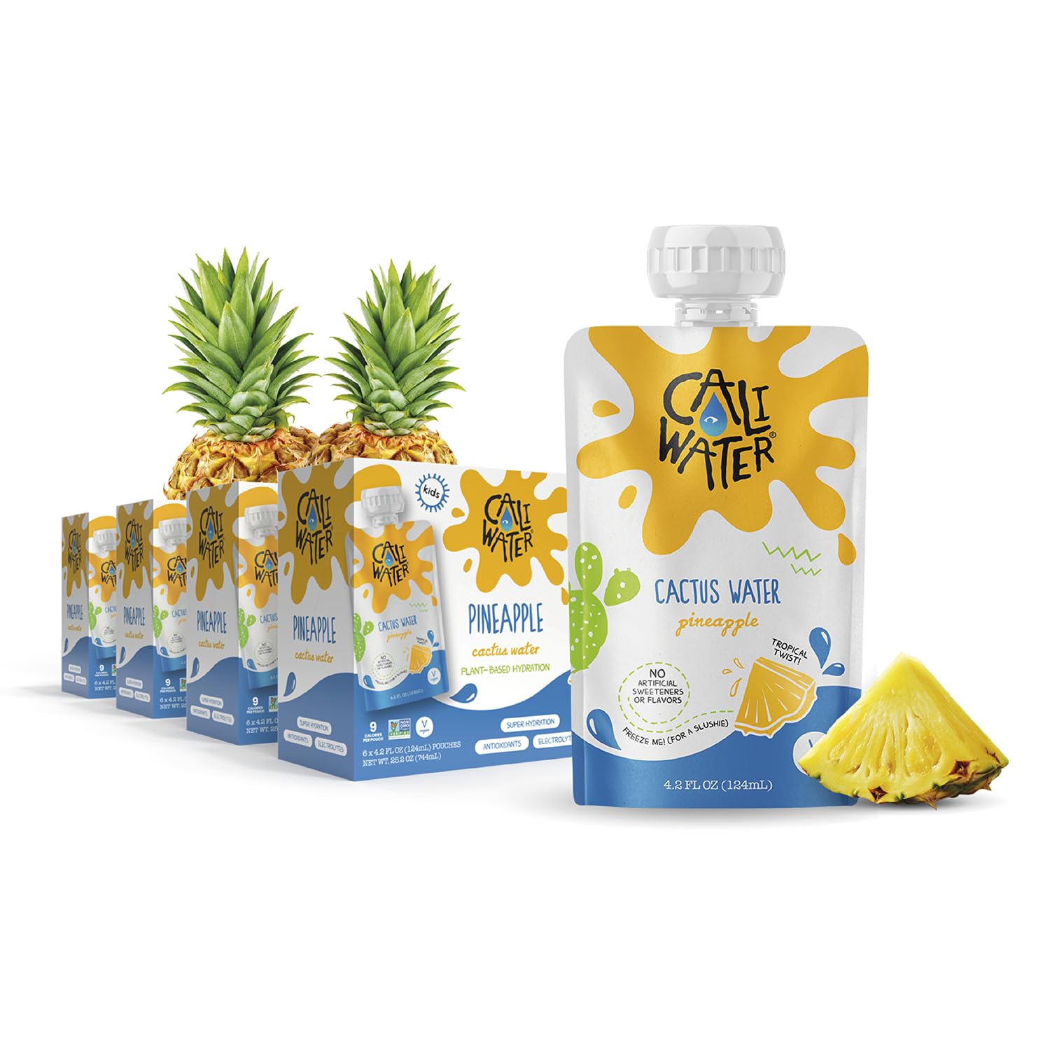 Caliwater - Kids Organic Cactus Water Pouches - Pineapple - 10 Calories - Natural Plant Based Hydration Drinks - Flavored Water - Replace Coconut Water  Juice Boxes - Vegan  Electrolytes - 24 Count