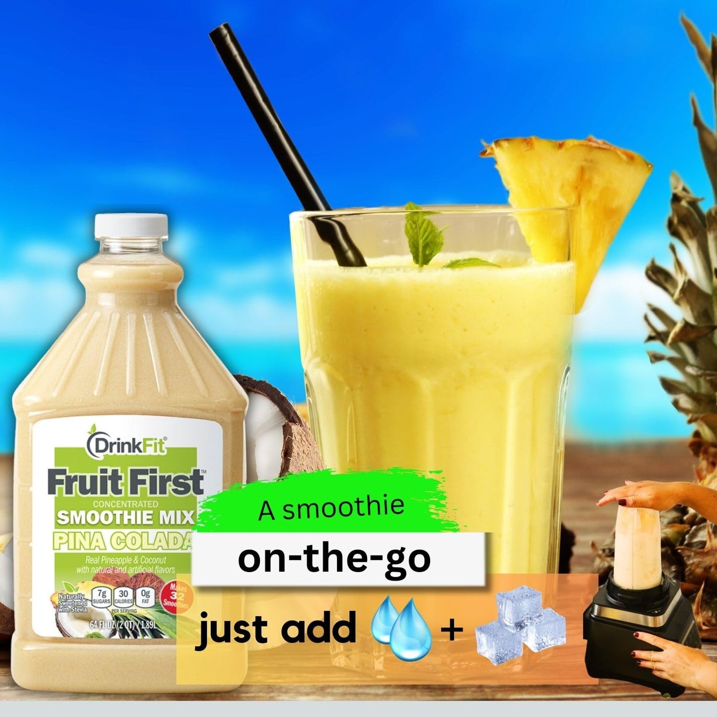 DrinkFit Fruit Smoothie | Real Fruit Puree, Low Sugar, Gluten:Free & Non:GMO, Pina colada Smoothie Mix : Makes 32 Smoothies, 64