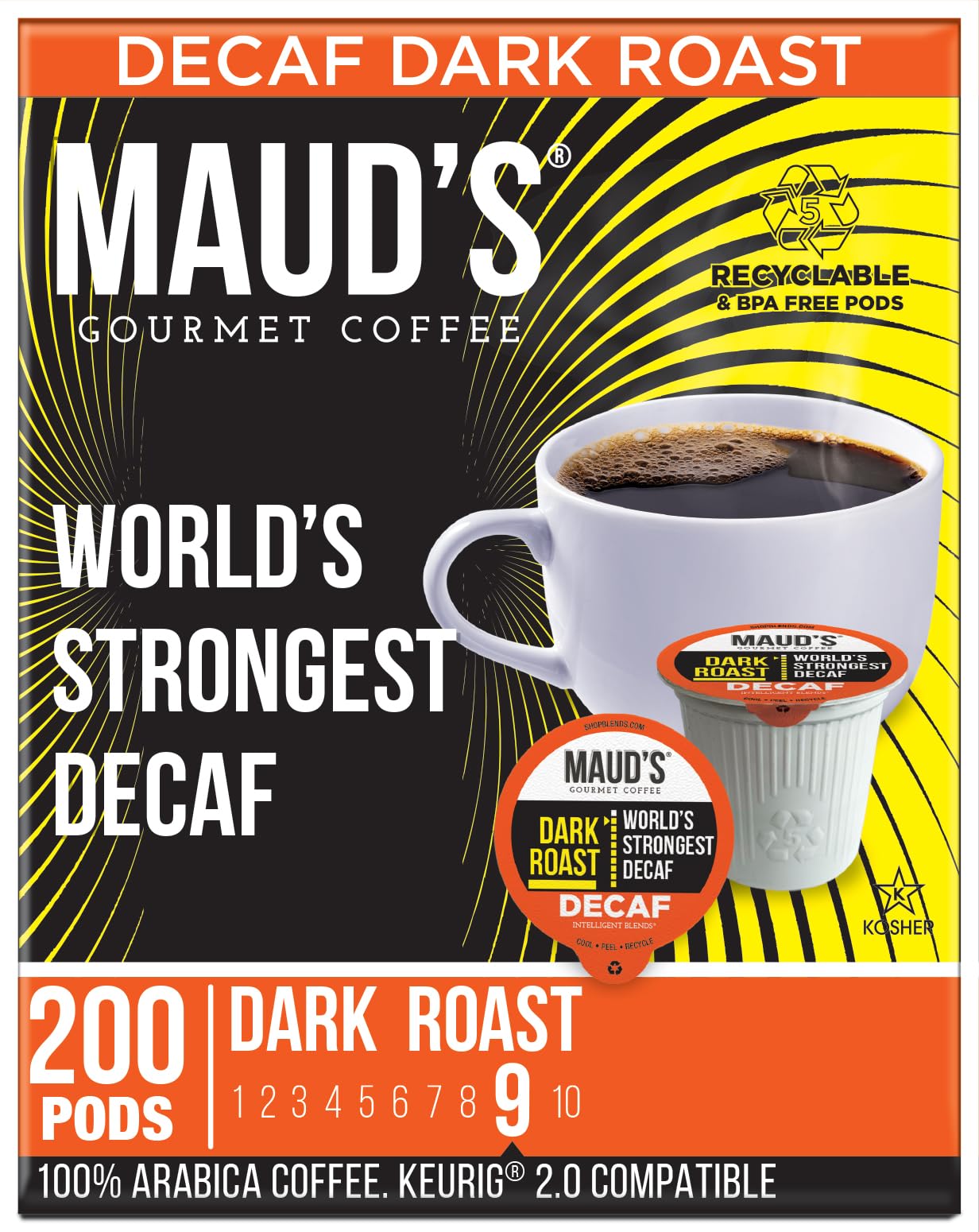 Maud's World's Strongest Decaf Coffee Pods, 200 ct, Decaffeinated Dark Roast Coffee in Recyclable Single Serve Pods - 100% Arabi