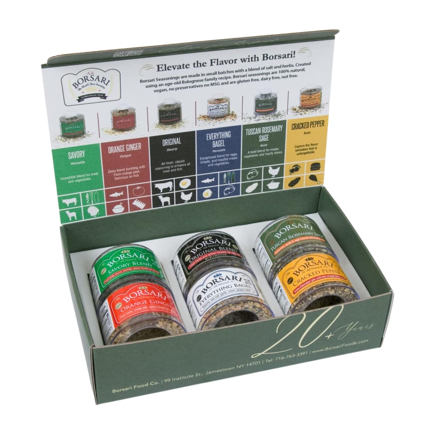 Borsari Seasoned Salt Gift Set - Original, Savory, Cracked Pepper, Tuscan Rosemary Sage, Orange Ginger, Everything Bagel - Glute