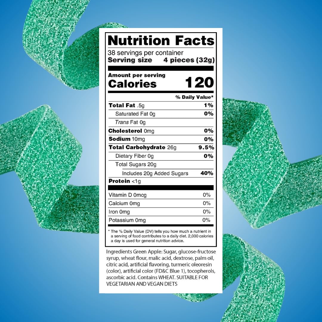 Sour Power Green Apple Candy Belts – Vegan, Non-GMO, Gelatin Free – 42.3 oz Resealable Tub