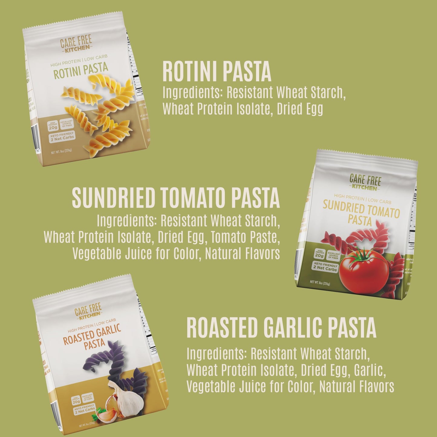 Care Free Kitchen Rotini Keto Pasta Noodles Variety 3-Pack (8 Oz. Bags) Plain, Sundried Tomato, Roasted Garlic, 20G High Protein