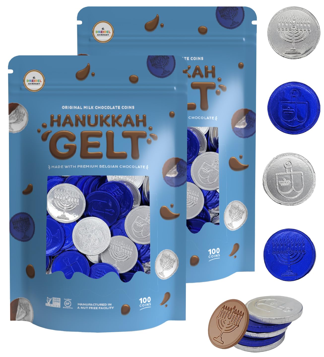 The Dreidel Company Milk Chocolate Coins  Hanukkah Gelt  Blue And Silver Coins  Made With Top-Grade Belgian Chocolate  Nut And Gluten-Free  Non-Gmo  Kosher Certified Dairy (200-Pack)