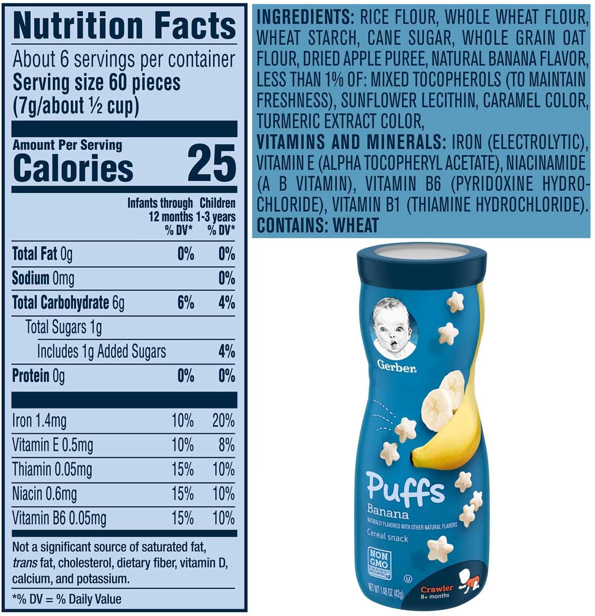 Gerber Puffs, 1 Strawberry Apple, 1 Blueberry, 1 Banana, 1 Vanilla, 1 Peach, 1 Apple Cinnamon, 6 Ct (Variety Pack)