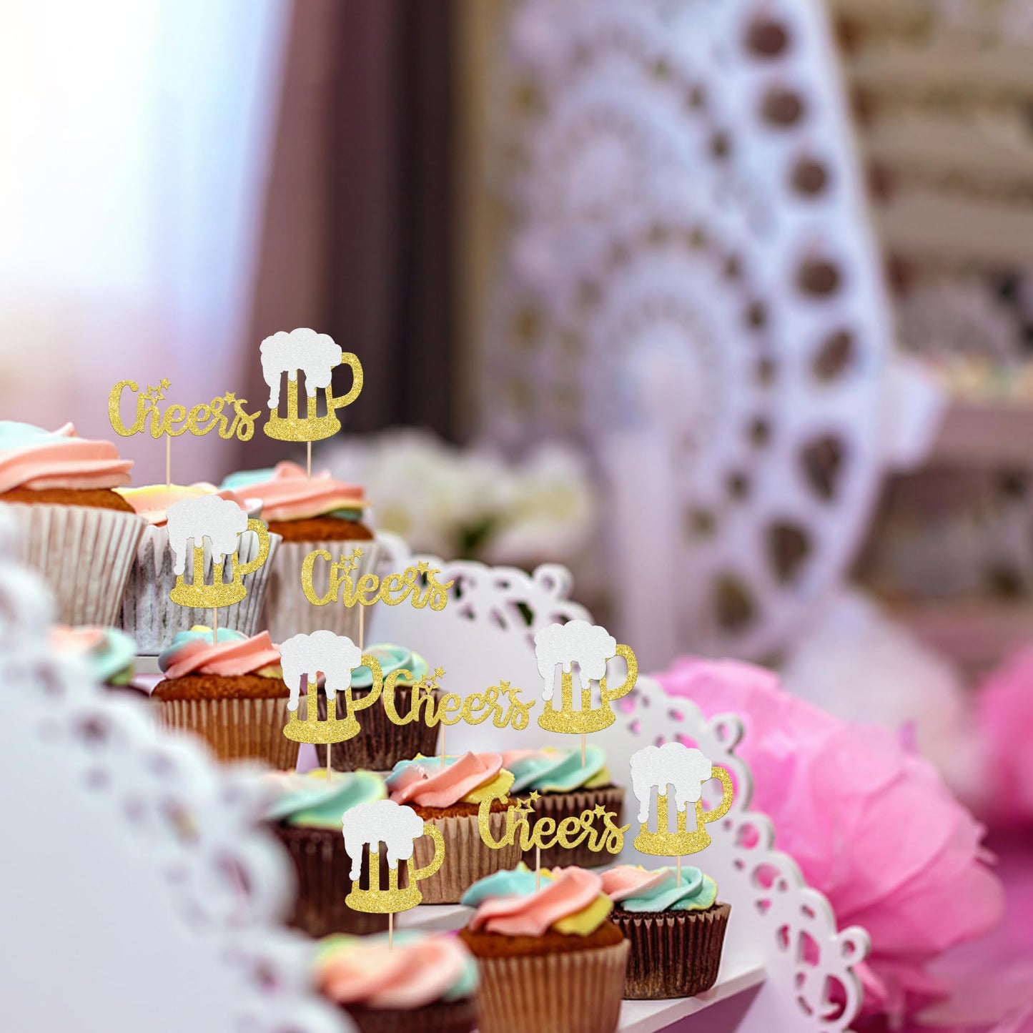 ZHUOWEISM 24 PCS malt-inspired Mug Cupcake Toppers Gold Glitter for Weddings and Parties - Design6