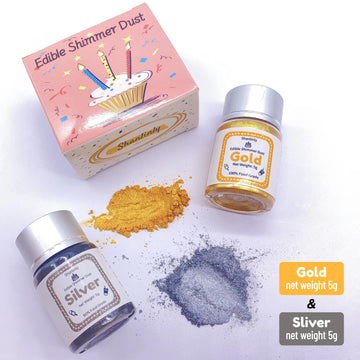 Gold Silver Luster Dust Edible Set - 5g Food Grade Gold Cake Dust Shimmer Powdered, Vegan Silver Edible Metallic Food Coloring P