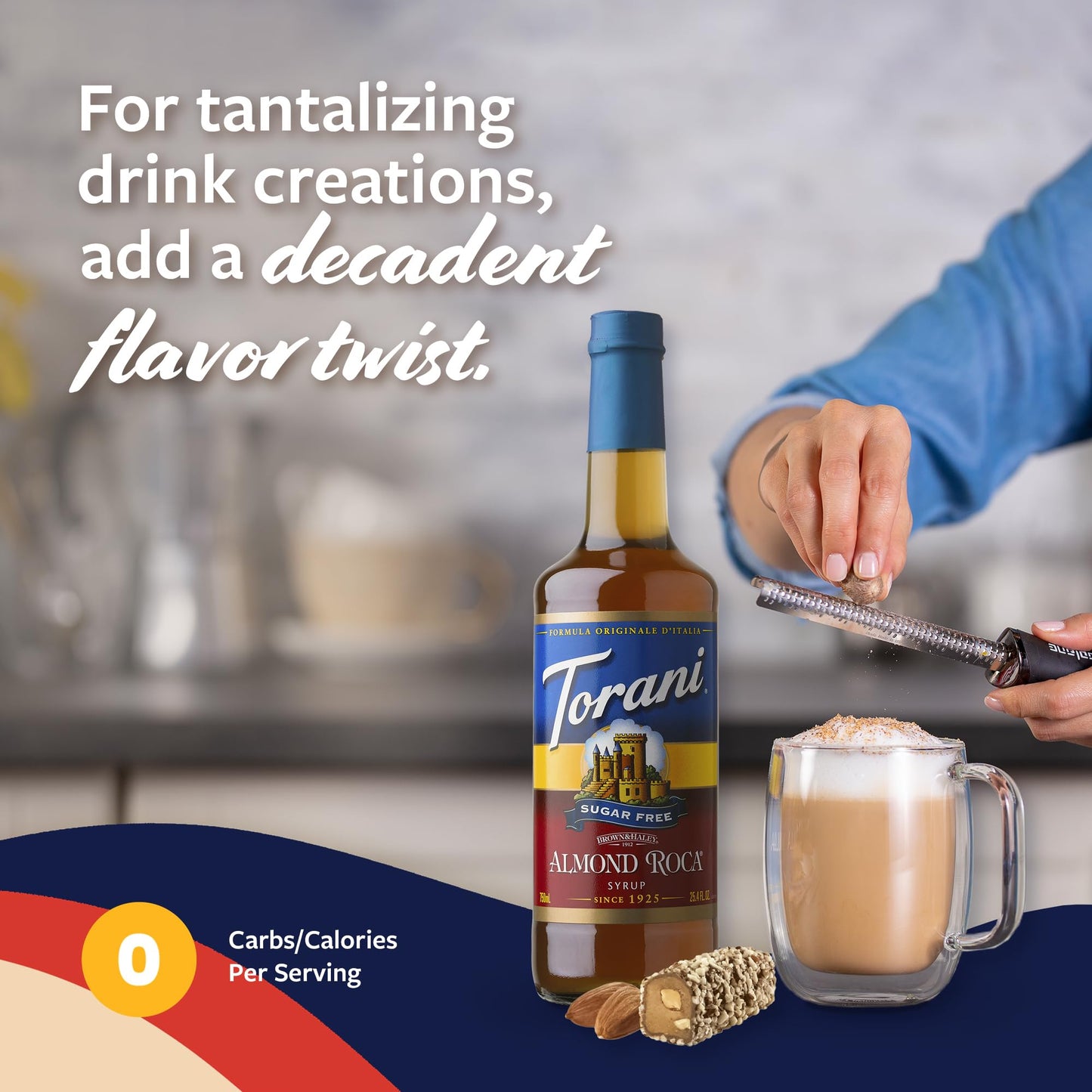 Torani Sugar Free Coffee Syrup, Almond Roca Flavoring For Drinks, Zero Calorie, Glass Bottle With Pump Included, 25.4 Fl Oz