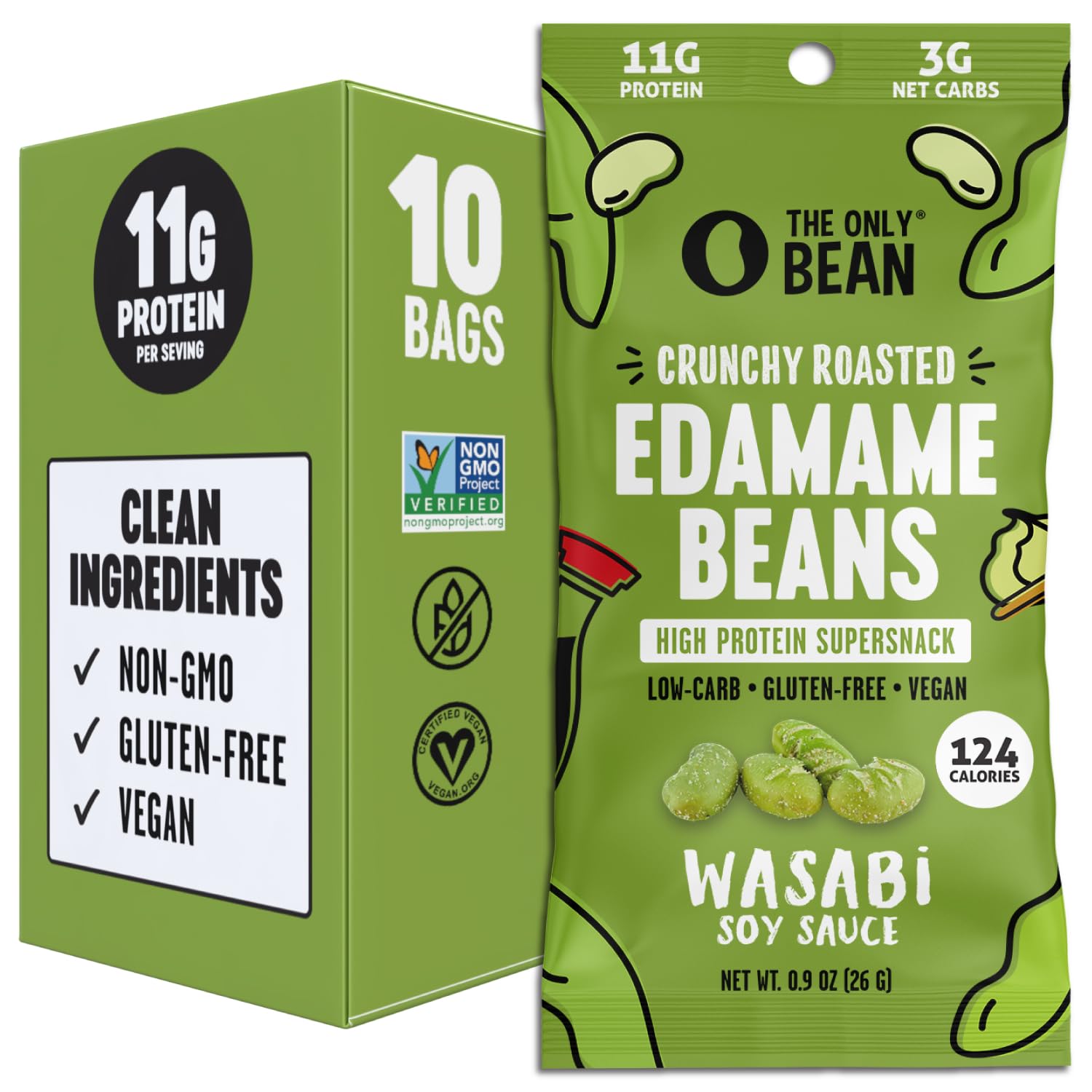 The Only Bean Crunchy Roasted Edamame Snacks (Wasabi Soy Sauce), Healthy High Protein Snacks, Low Carb, Keto Friendly, Gluten Fr