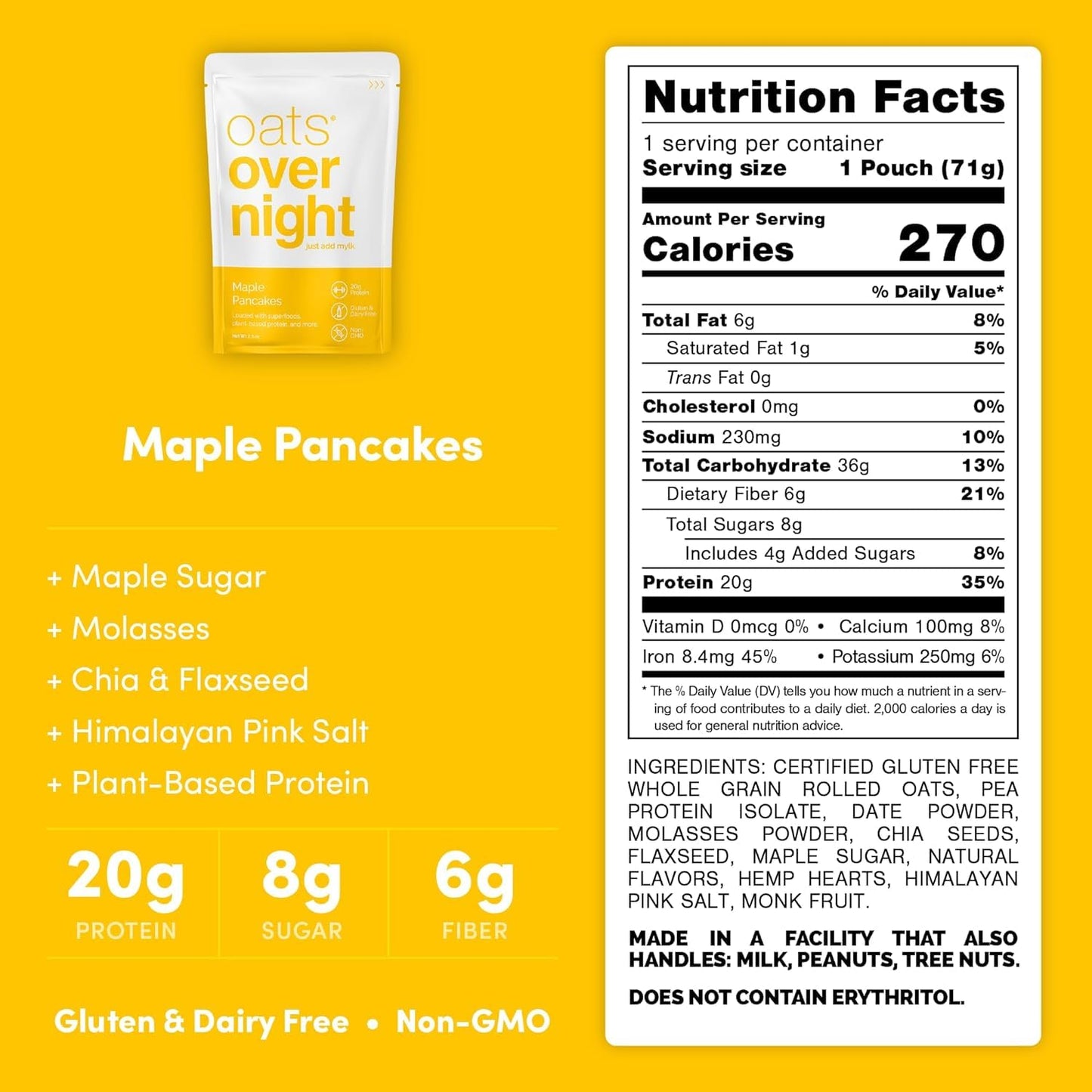 Oats Overnight - Maple Pancakes - Vegan, 20g Protein, High Fiber Breakfast Shake - Gluten Free, Non GMO Oatmeal (2.5 oz per meal