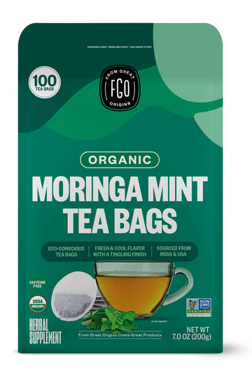 Fgo Organic Moringa Mint Tea, Eco-Conscious Tea Bags, 100 Count, Packaging May Vary (Pack Of 1)