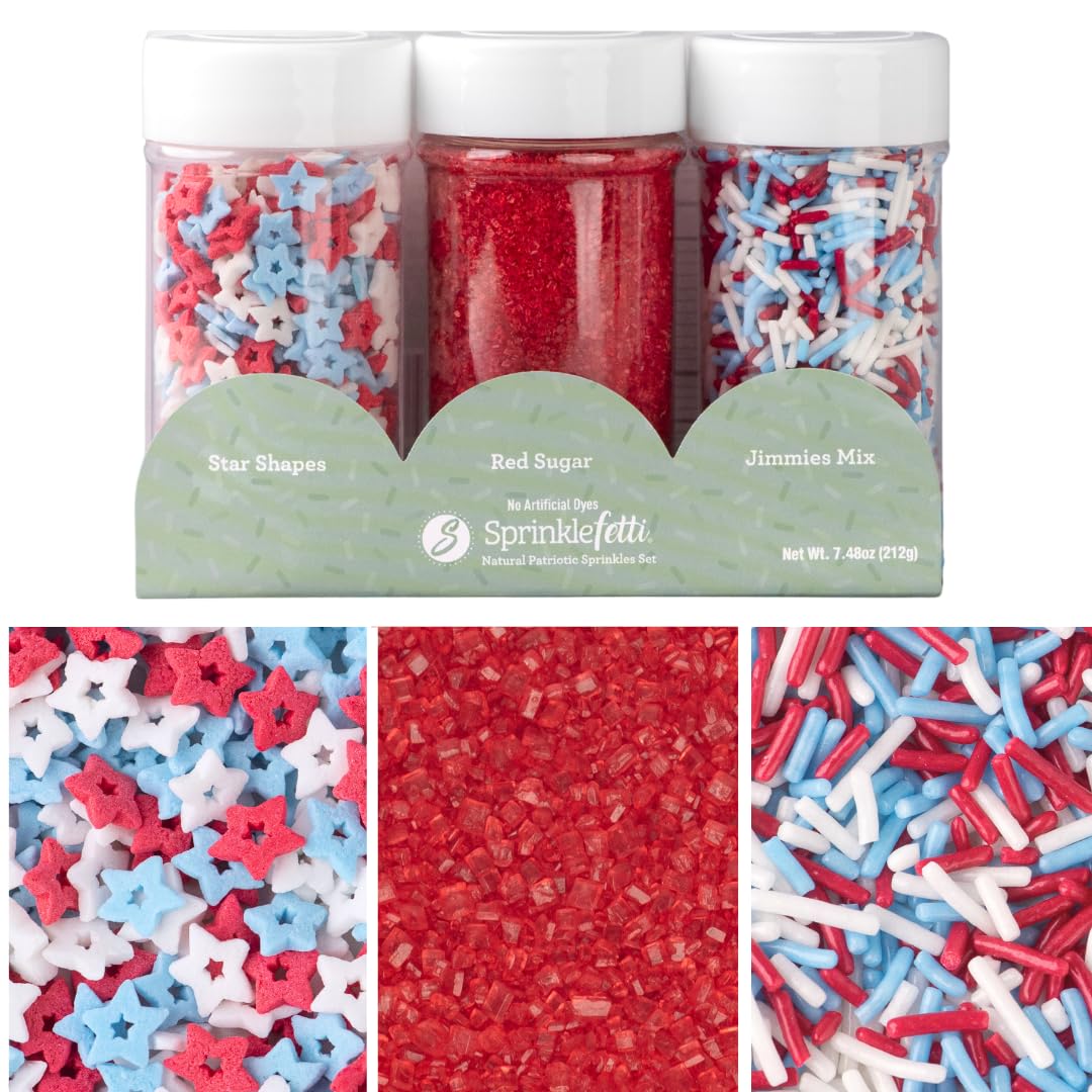Sweets Indeed Dye Free 4th of July Sprinkles 3-Pack Set - Patriotic Sanding Sugar, Jimmies Mix and Star Sprinkles with No Artifi