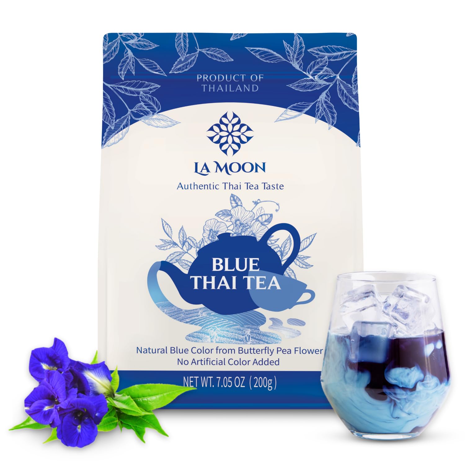 La Moon Tea Blue Thai Tea Mix - Traditional Loose Leaf From Butterfly Pea Flower And Assam Black For Home-Made Iced Tea, Boba & Latte No Food Dye, 7.05 Oz.