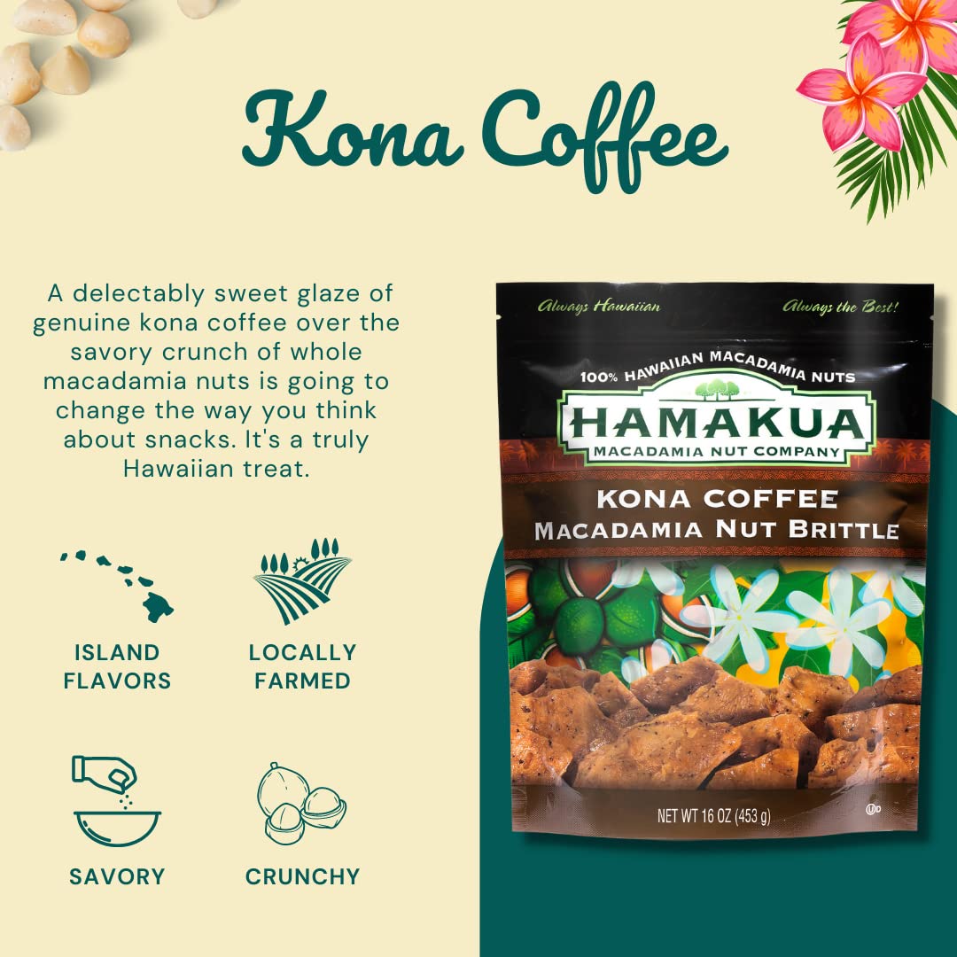 Hamakua Macadamia Nuts - Sweet Glazed Kona Coffee - 10 Ounce - Hawaiian Grown Dry Roasted Macadamias