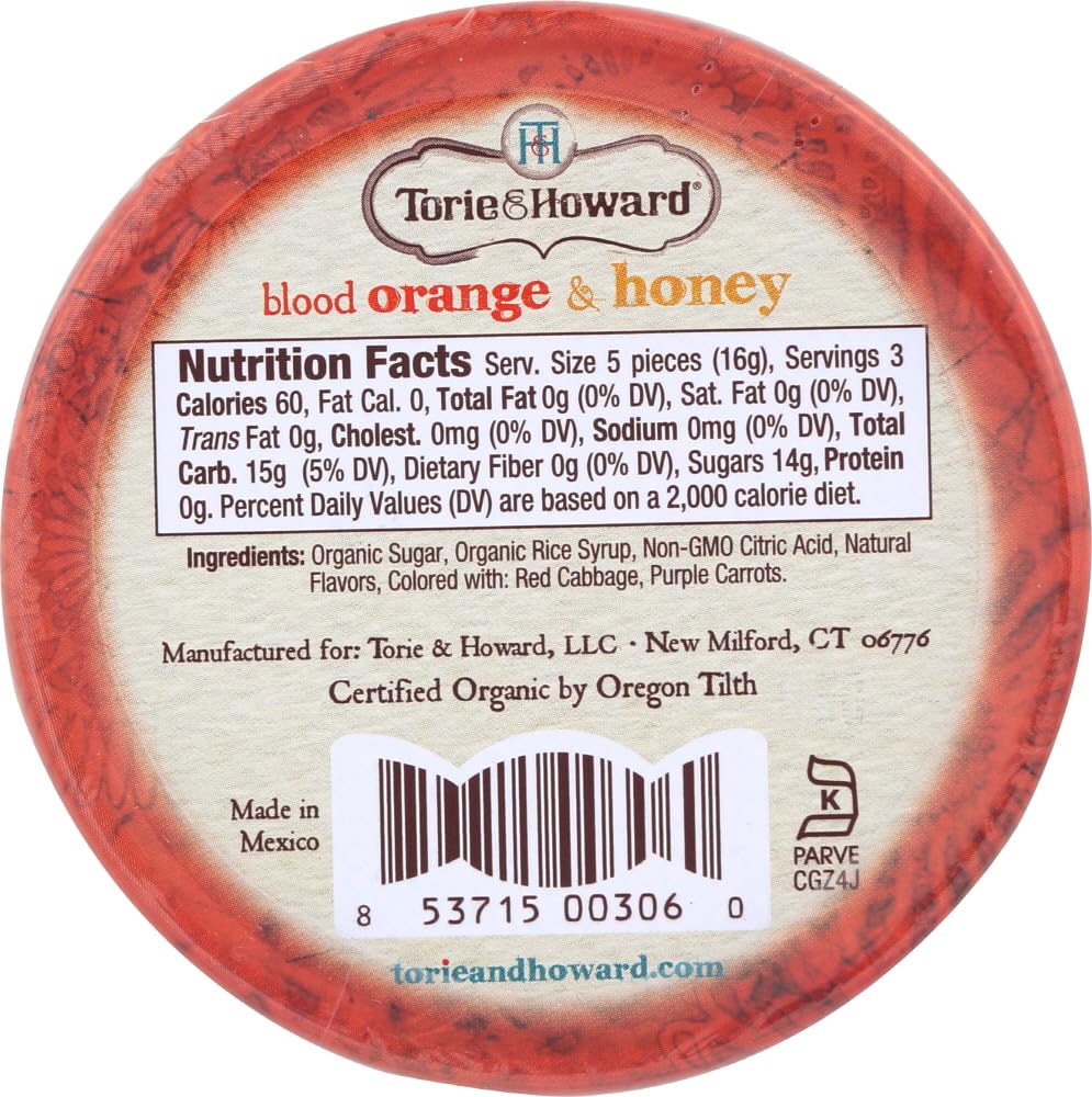 Torie and Howard Organic Hard Candy Tin, Blood Orange and Honey, 2 Ounce (Pack of 2)
