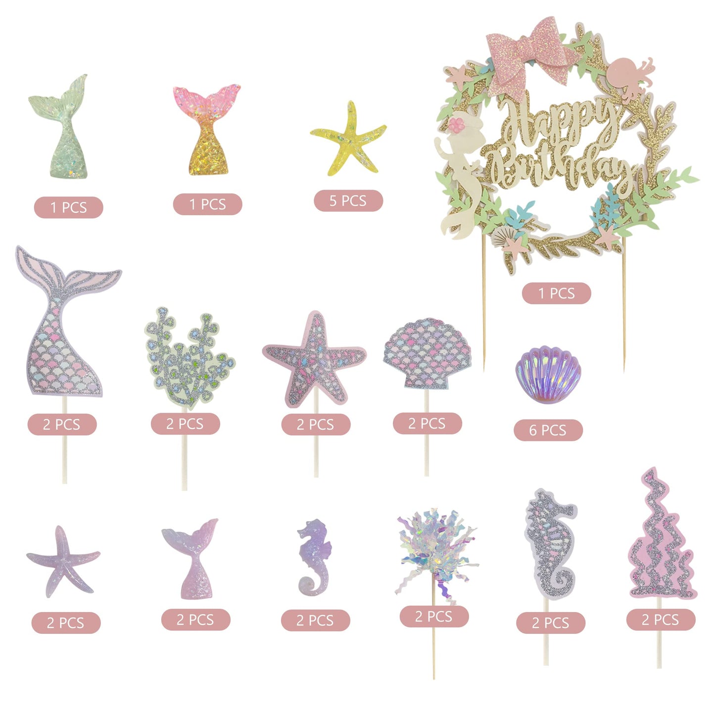 34Pcs Mermaid Birthday Cake Topper Kit With Mermaid Themed Cupcake Topper Picks, Glitter Seaweed Decor And Starfish Conch Seahor