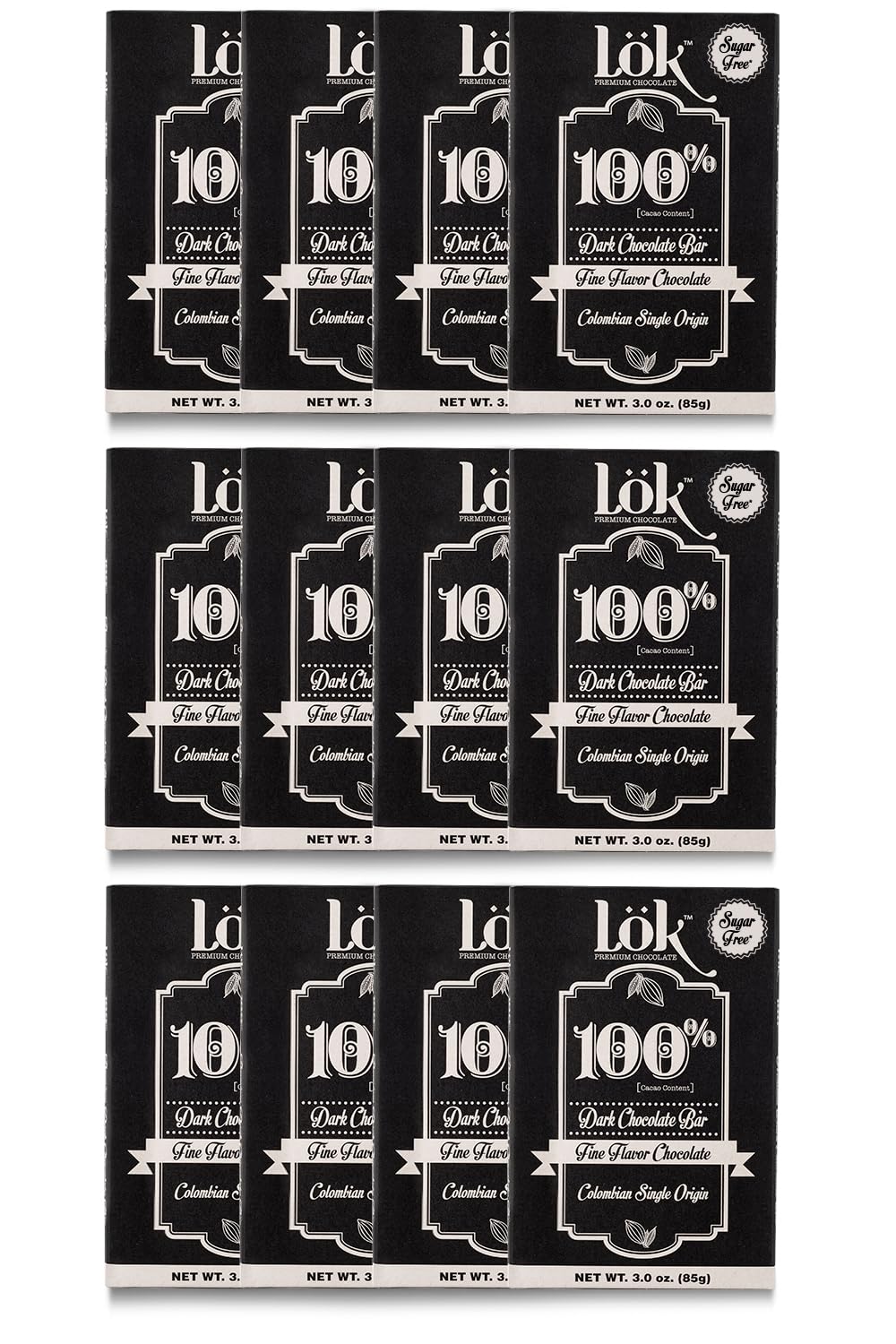 LöK Dark Chocolate Bar 100% Cacao, Vegan, Gluten Free - 3.0 Ounce, 12 Count, Dark Brown
