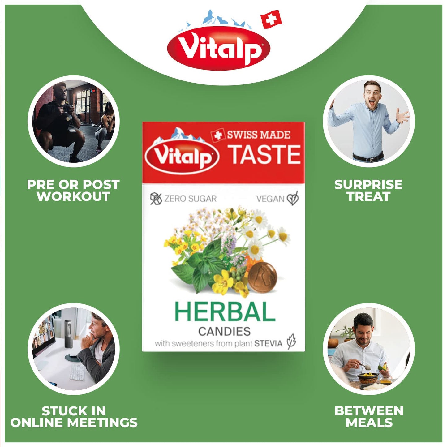 Vitalp Taste, Swiss Made, Sugar Free Candy With Stevia, Vegan, Herbal Flavor, 25G/0.88 Ounce Packs, 16 Boxes