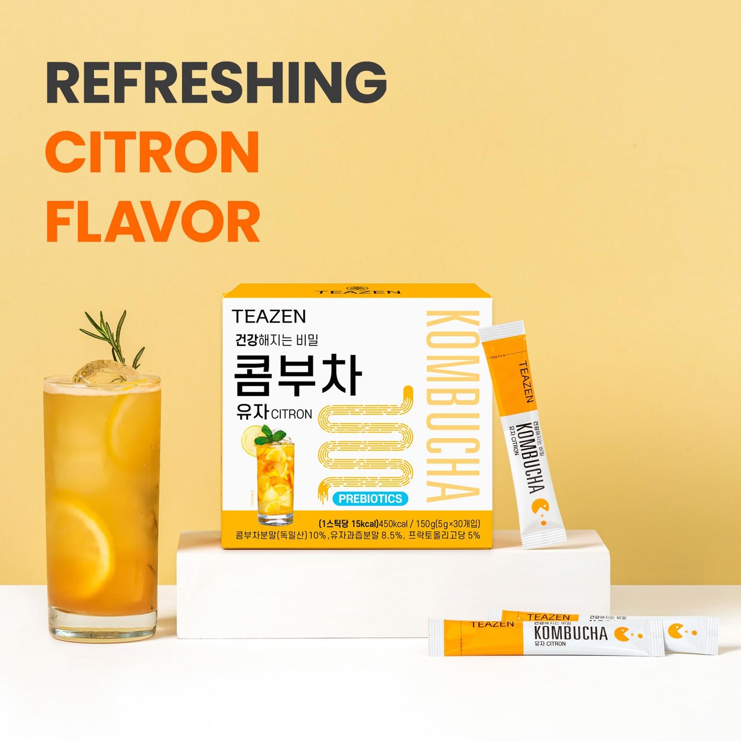 Teazen Citron Kombucha Tea, Hydration Drink Mix, Sugar Free, Live Probiotics & Prebiotics, 30 Sticks, 5.29Oz