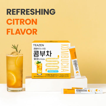 Teazen Citron Kombucha Tea, Hydration Drink Mix, Sugar Free, Live Probiotics & Prebiotics, 30 Sticks, 5.29Oz