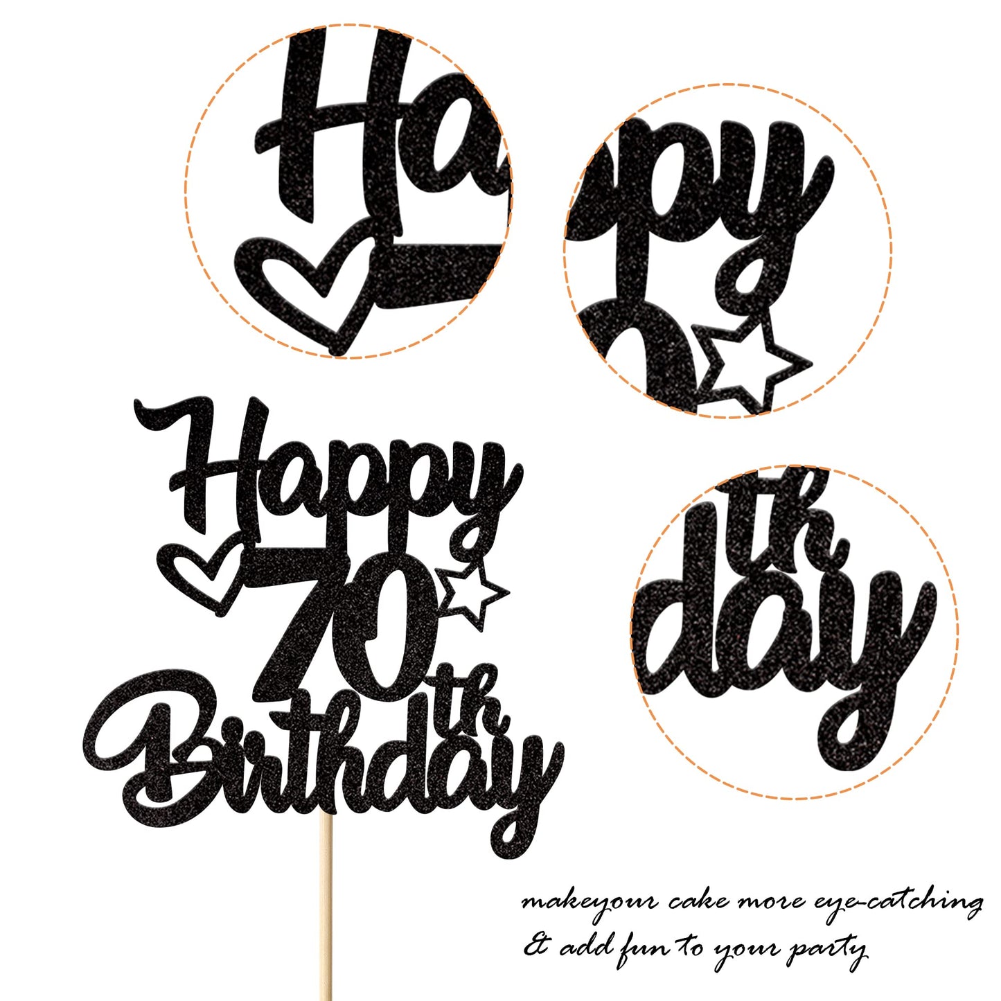 1 Pack Happy 70Th Birthday Cake Topper Glitter Heart Star 70 Fabulous Cake Pick Birthday Sign Cake Decorations For Children 70Th