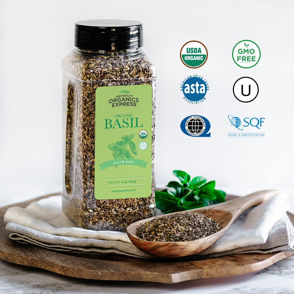 HQOExpress Organic Basil Medium Cut - Non GMO, Kosher, USDA Certified Organic Basil Leaves, Dried and Ground - Peppery and Aroma