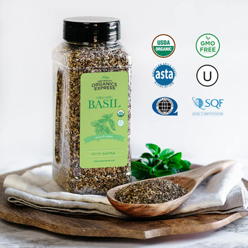 HQOExpress Organic Basil Medium Cut - Non GMO, Kosher, USDA Certified Organic Basil Leaves, Dried and Ground - Peppery and Aroma