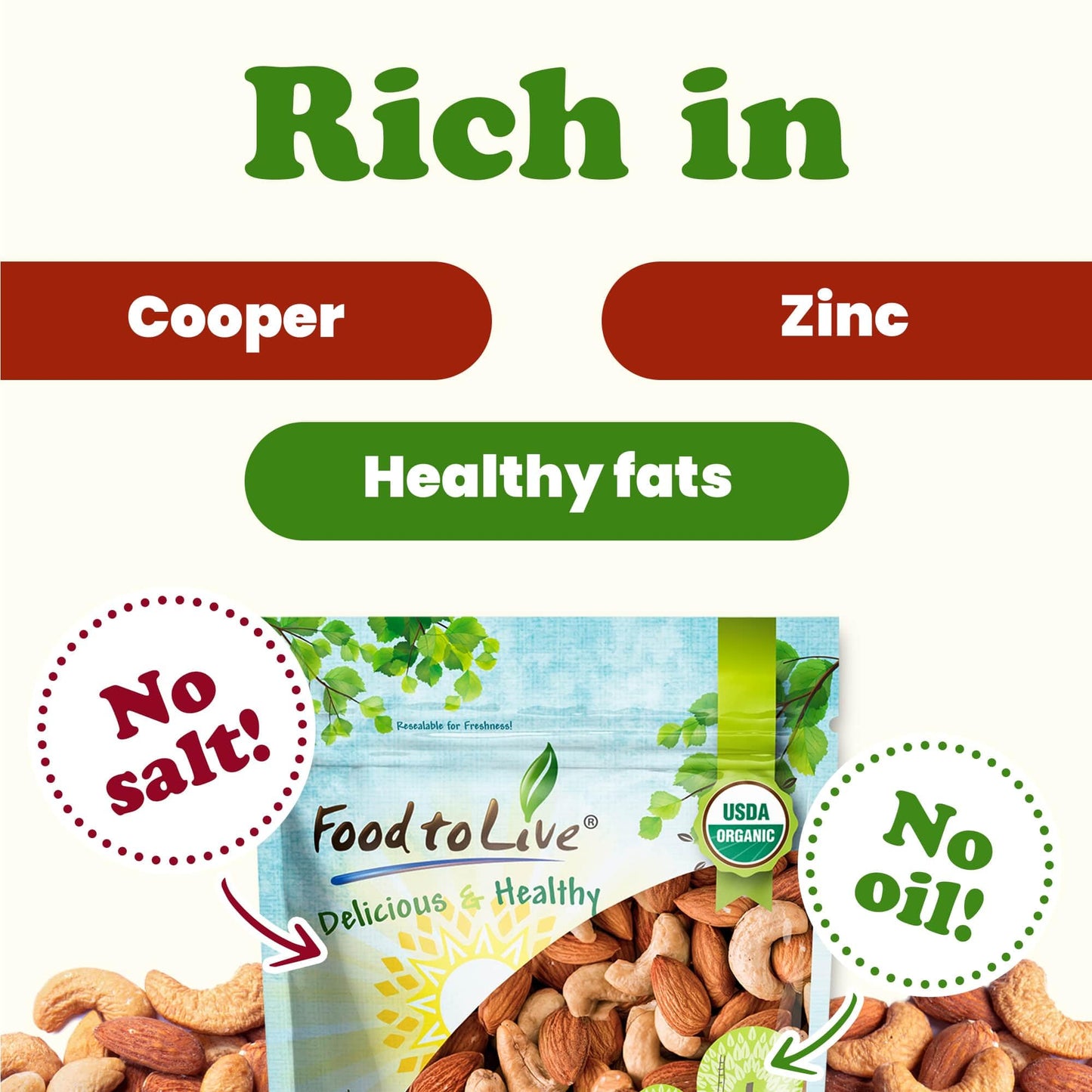 Food to Live Organic Dry Roasted Almonds and Cashews Mix, 1 Pound - Unsalted Oven Roasted Nuts, Non-GMO, Protein Rich Trail Mix,