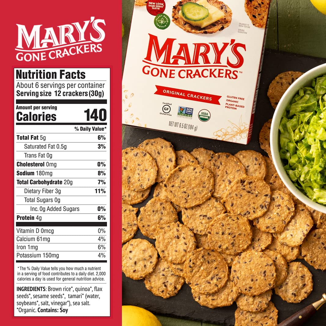Mary'S Gone Crackers Original Crackers, Organic Brown Rice, Flax & Sesame Seeds, Gluten Free, 6.5 Ounce (Pack Of 1)