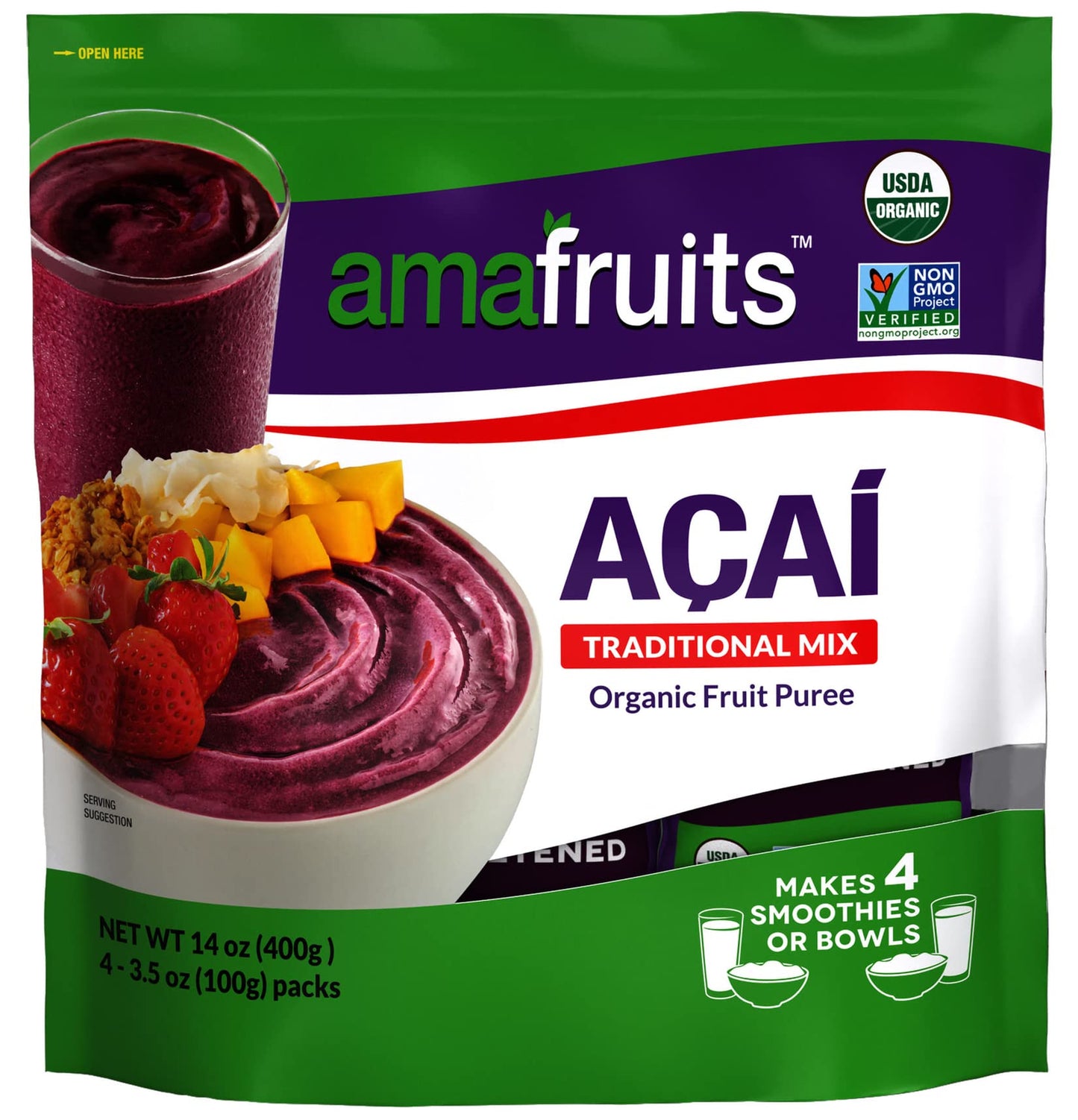 Amafruits Acai Berry Frozen Puree Smoothie Packs | USDA Organic | Non-GMO | 12 Multi-Pack Bags, 3.5oz Each