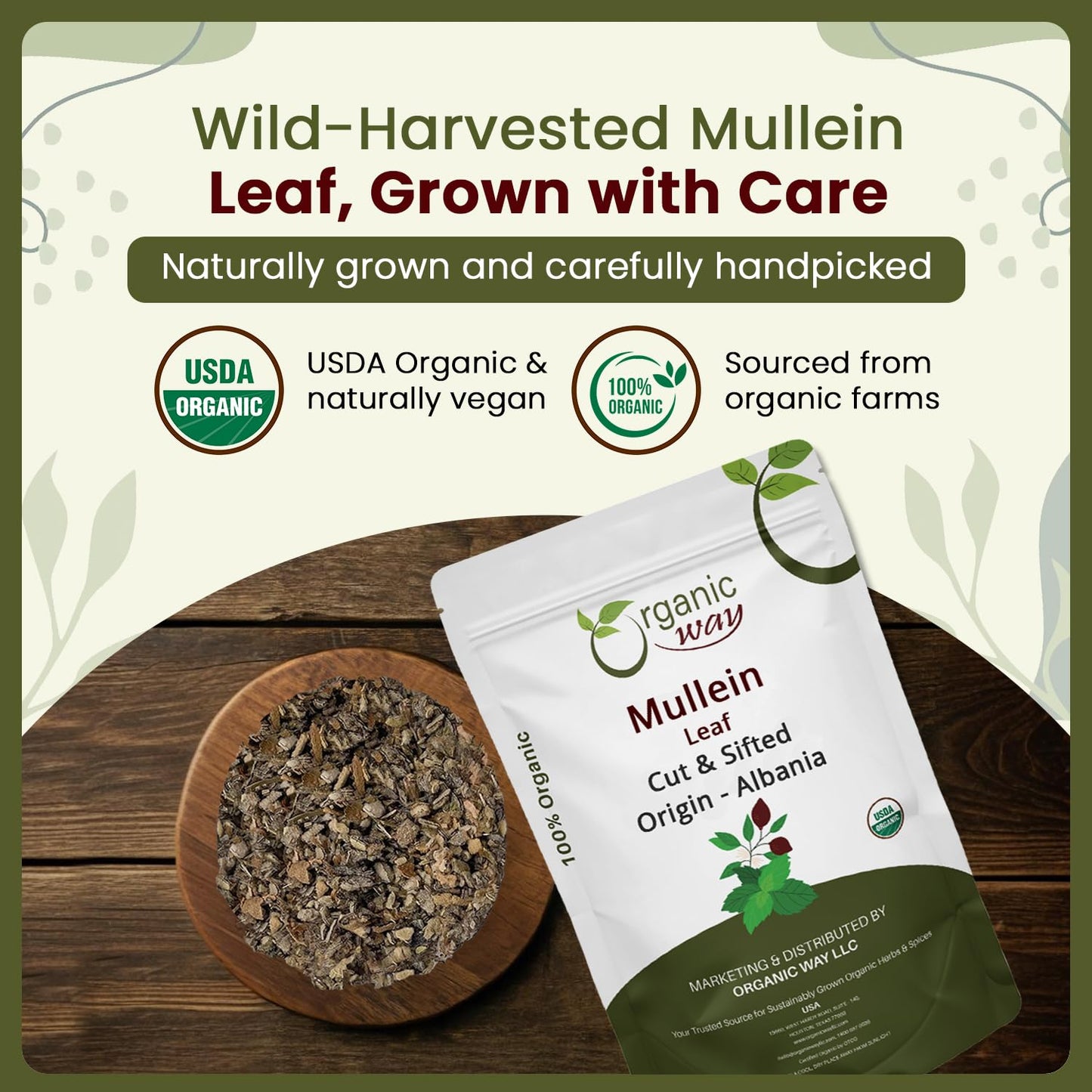 Organic Way Mullein Leaf Herbal Tea - Cut & Sifted, 8 Ounce, Organic, Non-GMO, Kosher Certified, Wild-Harvested from Albania
