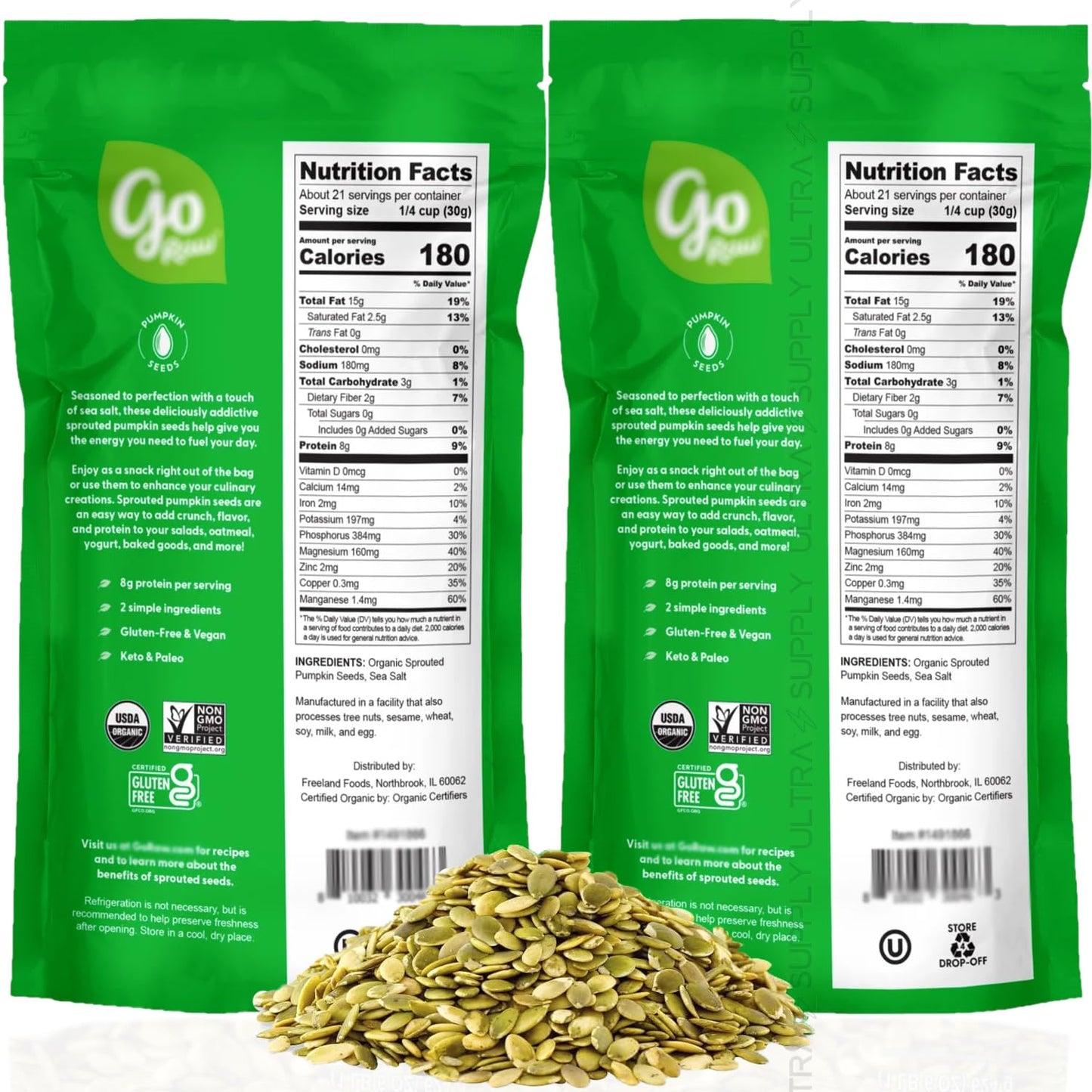 Go_Raws Sprouted Organic Pumpkin Seeds with Sea Salt (Pack of 2, 22 oz Each) - 44 oz Total - Plant-Based Protein, Vegan, Gluten-