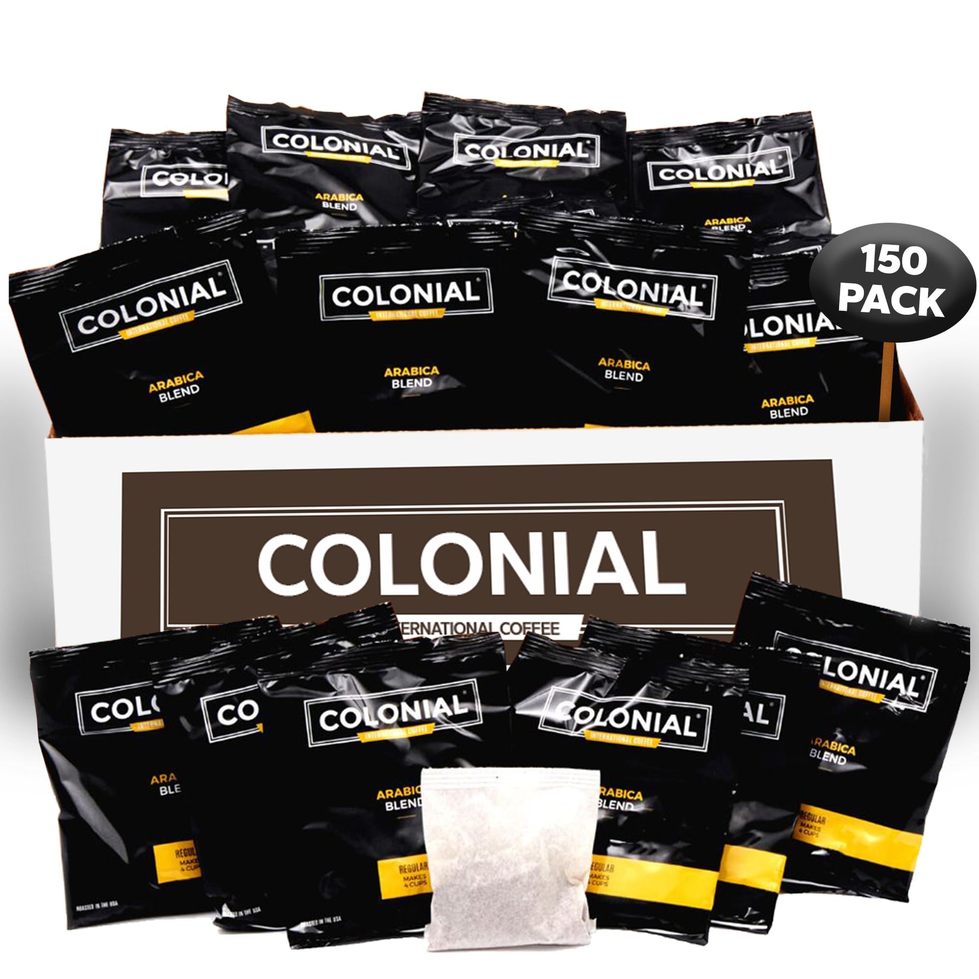 COLONIAL INTERNATIONAL COFFEE In-Room Hotel Ground Coffee, Medium Roast, 0.5 Ounce (Pack of 150), Paper Filter Portion Packs