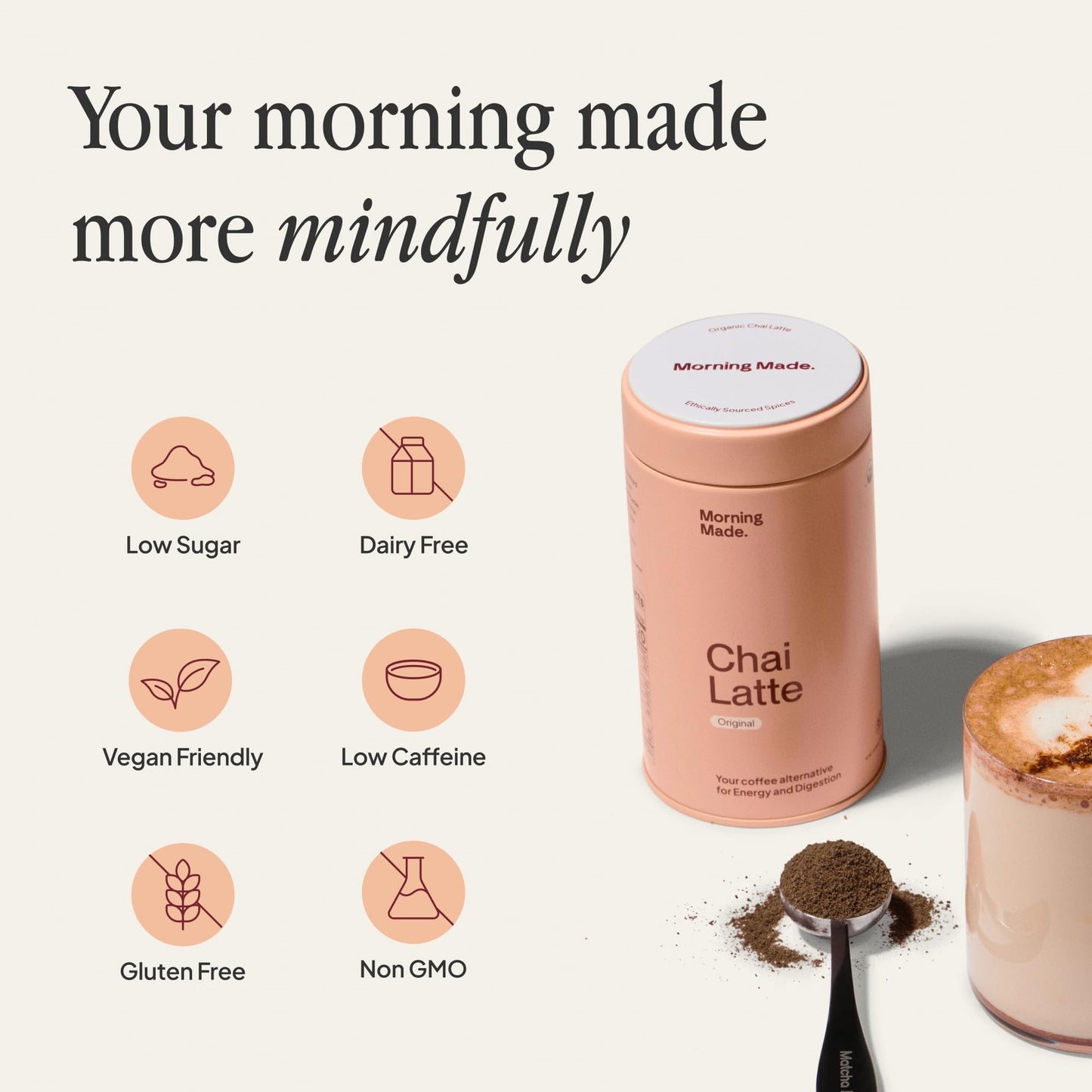 Morning Made Original Chai Latte Powder Mix | Organic Black Tea & Spice Blend  Low-Caffeine Coffee Alternative | Sweetened  Vegan  Dairy-Free  Gluten-Free | 10.6oz (60 Serves).