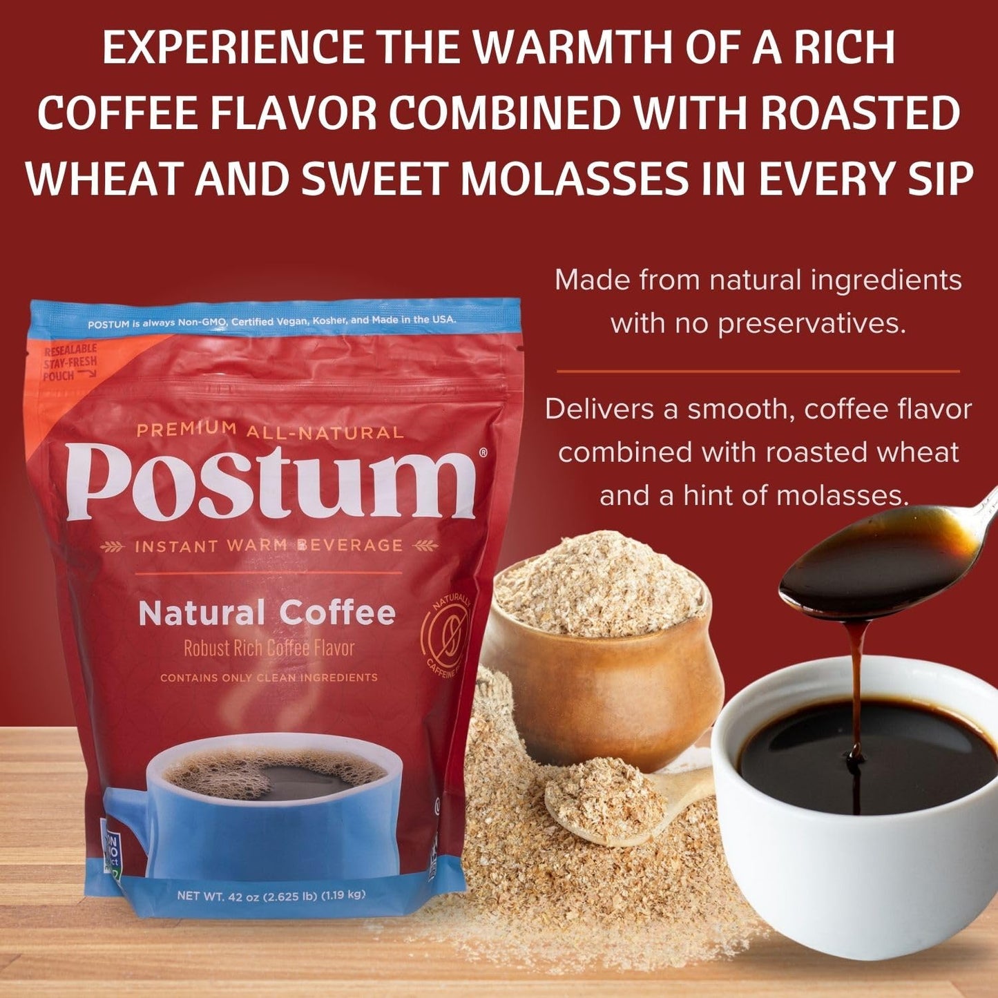 Postum Coffee Substitute - Wheat Bran & Molasses Blend, Caffeine Free, 42oz