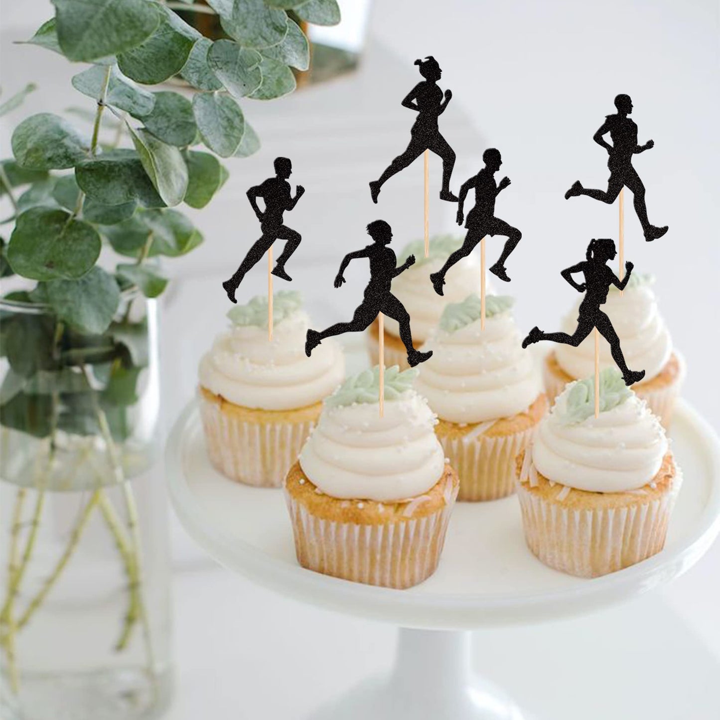 24 Pcs Running Cupcake Toppers Black Glitter Sports Fitness Cupcake Picks For Running Theme Boys Girls Birthday Party Cake Decor