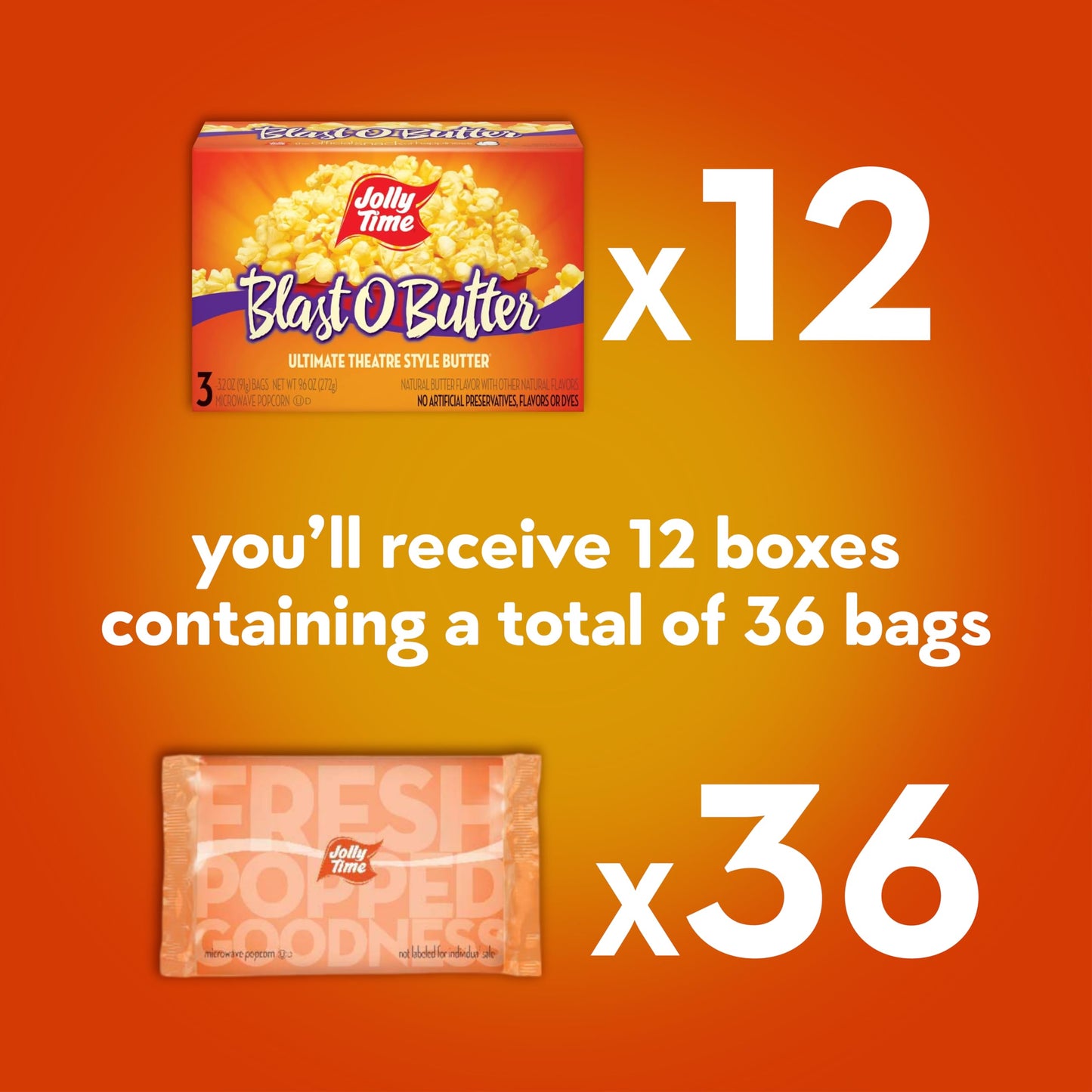 Jolly Time Blast O Butter, Ultimate Movie Theater Butter Microwave Popcorn, 3.2Oz Sharing Bag, 3 Bags Per Carton (Blast O Butter
