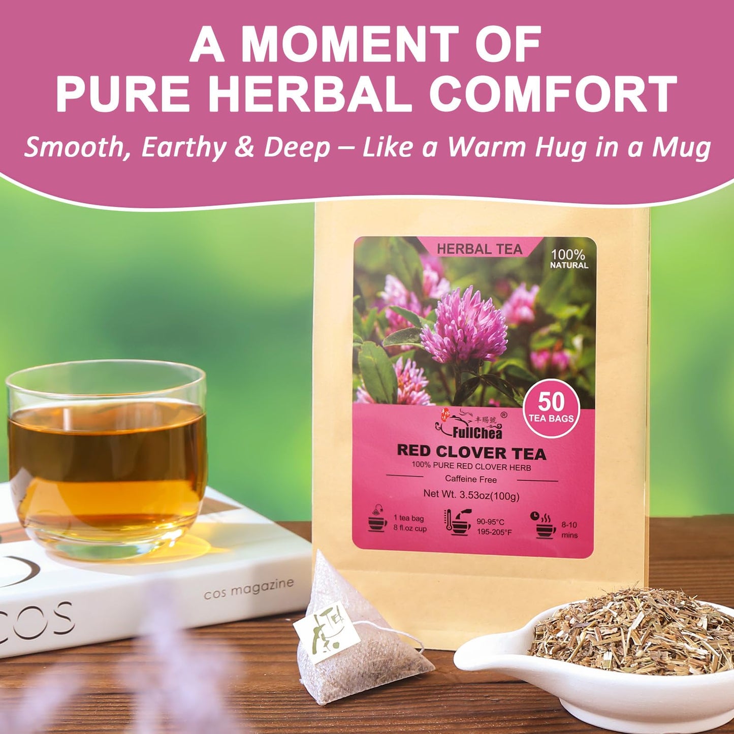 Fullchea - Red Clover Tea Bags  50 Teabags - Pure Red Clover Herb - Non-GMO - Caffeine-Free - Rich in Antioxidants & Supports Wellness