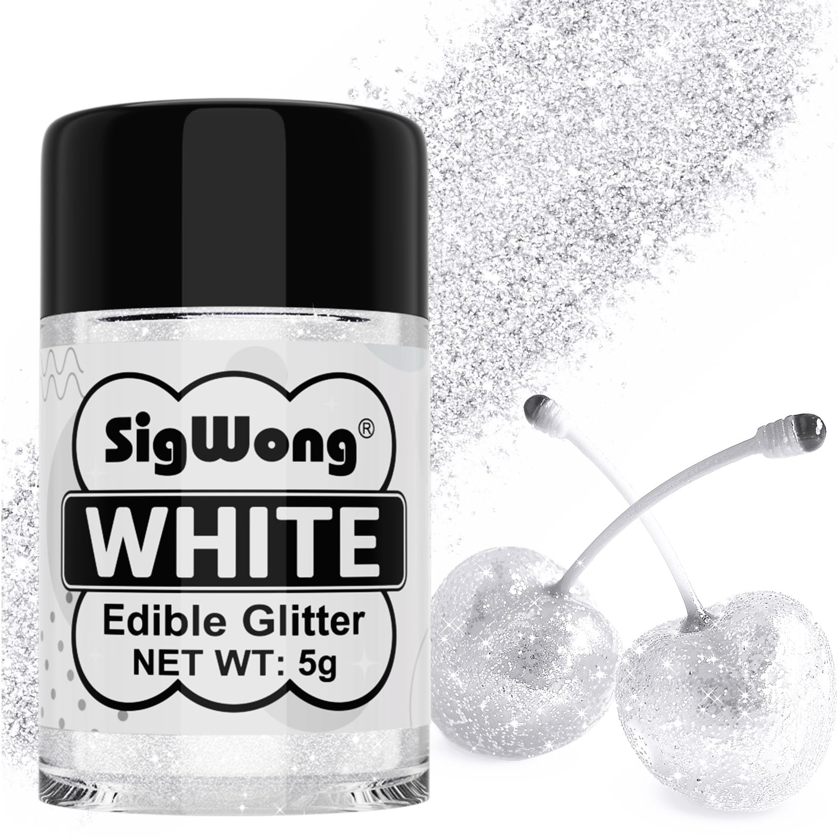 SigWong White Edible Glitter - 5g Food Grade Cake Decorating Shimmering Glitter for Drinks, Chocolates, Cupcakes, Vegan