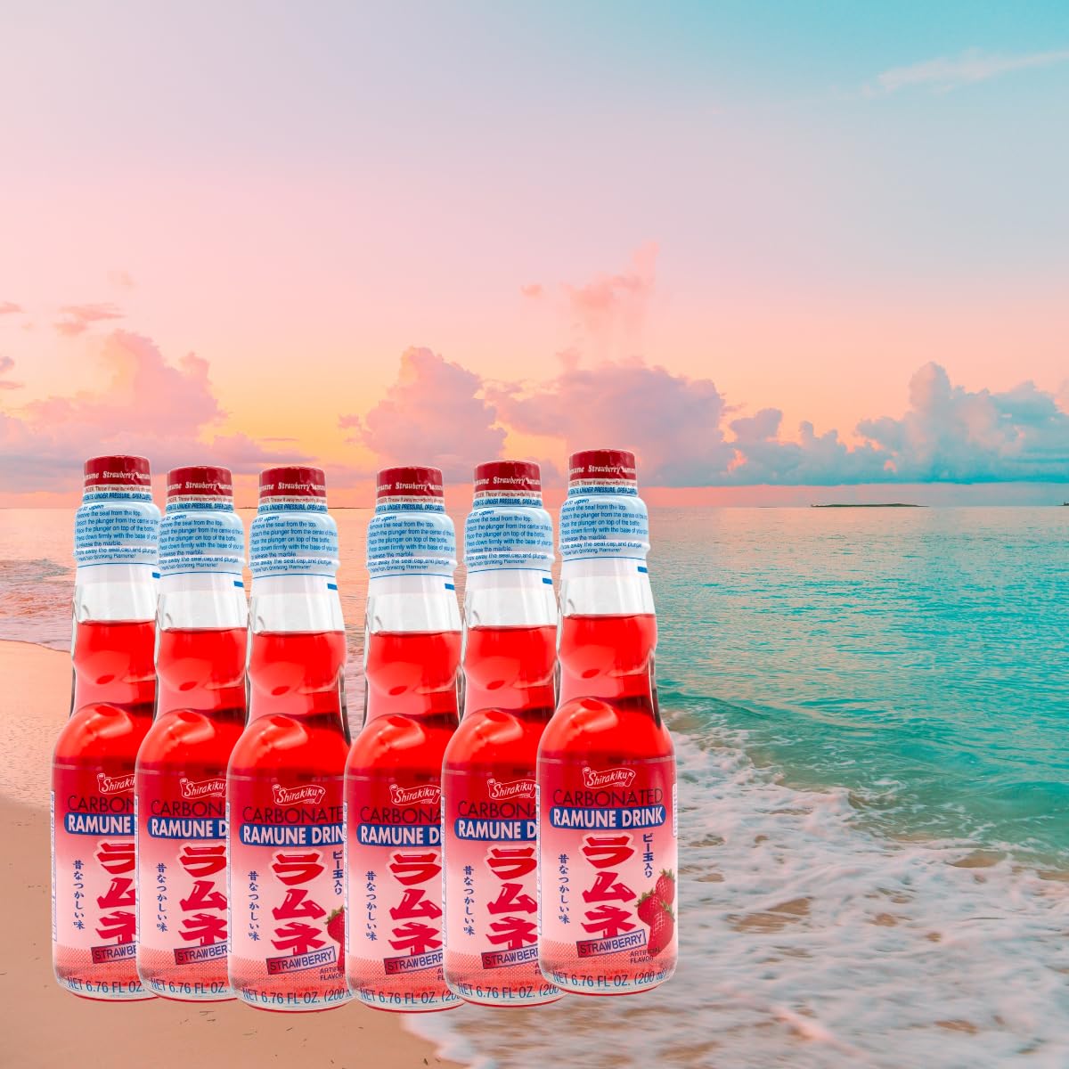 Ramune Japanese carbonated soft drink MARBLE SODA Fun and Nostalgia, Strawberry Flavor Pack of 6