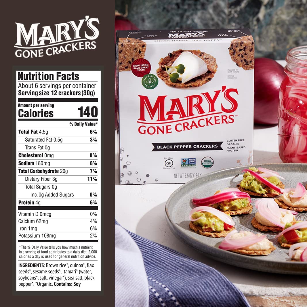 Mary'S Gone Crackers Black Pepper Crackers, 6.5 Ounce (Pack Of 6), Organic Brown Rice, Flax & Sesame Seeds, Gluten Free, (00010)