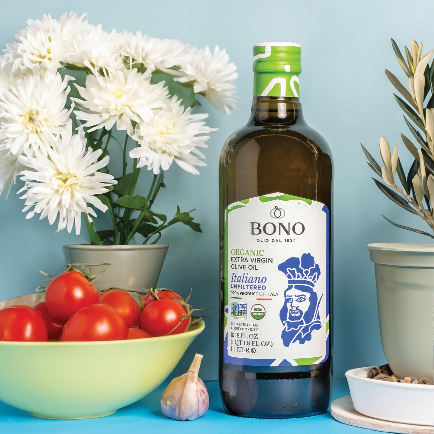 Bono Organic Unfiltered Italian Extra Virgin Olive Oil 33.8 fl oz | 100% Italian  Cold Extracted  First Cold Pressed  USDA Certified Organic EVOO