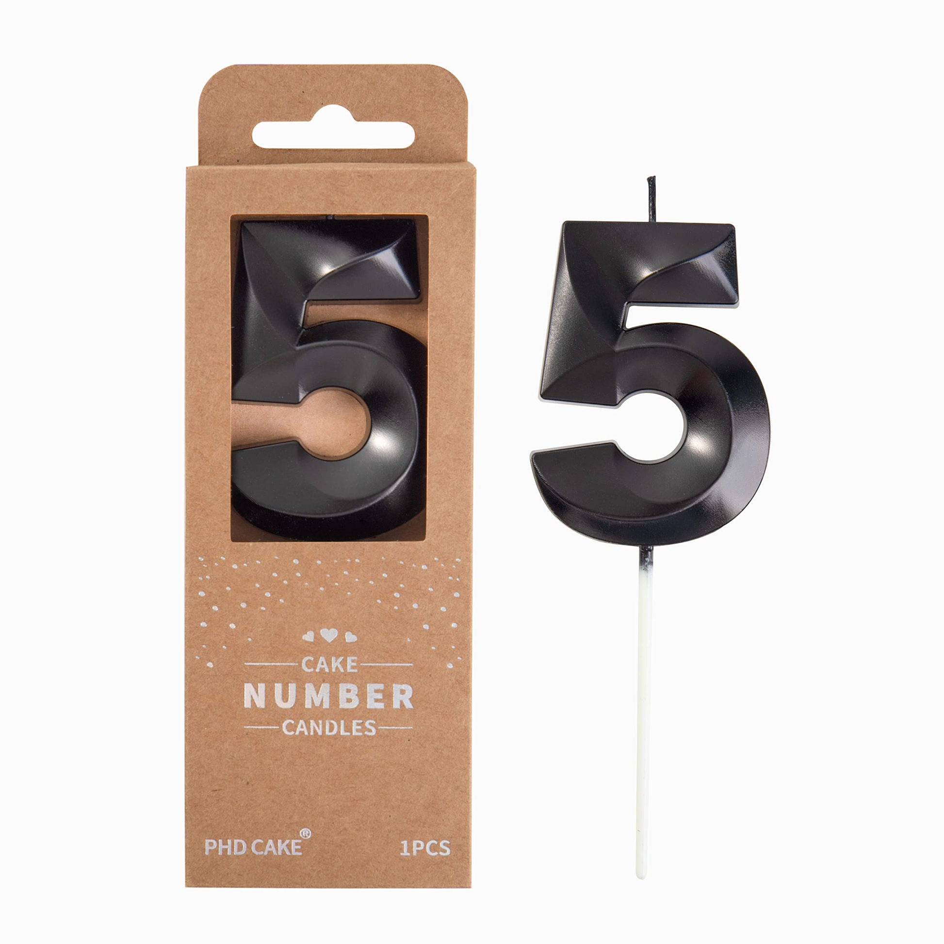 PHD CAKE Black Number Birthday Candles, 2.76 Inch, Wax, Set of 5